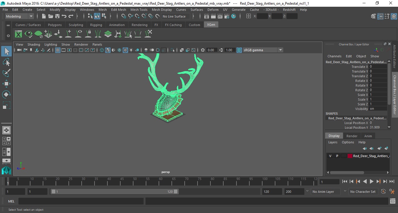 3D model Red Deer Stag Antlers on a Pedestal