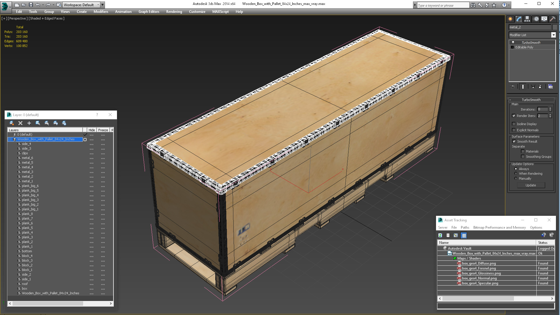 3D model Wooden Box with Pallet 84x24 Inches