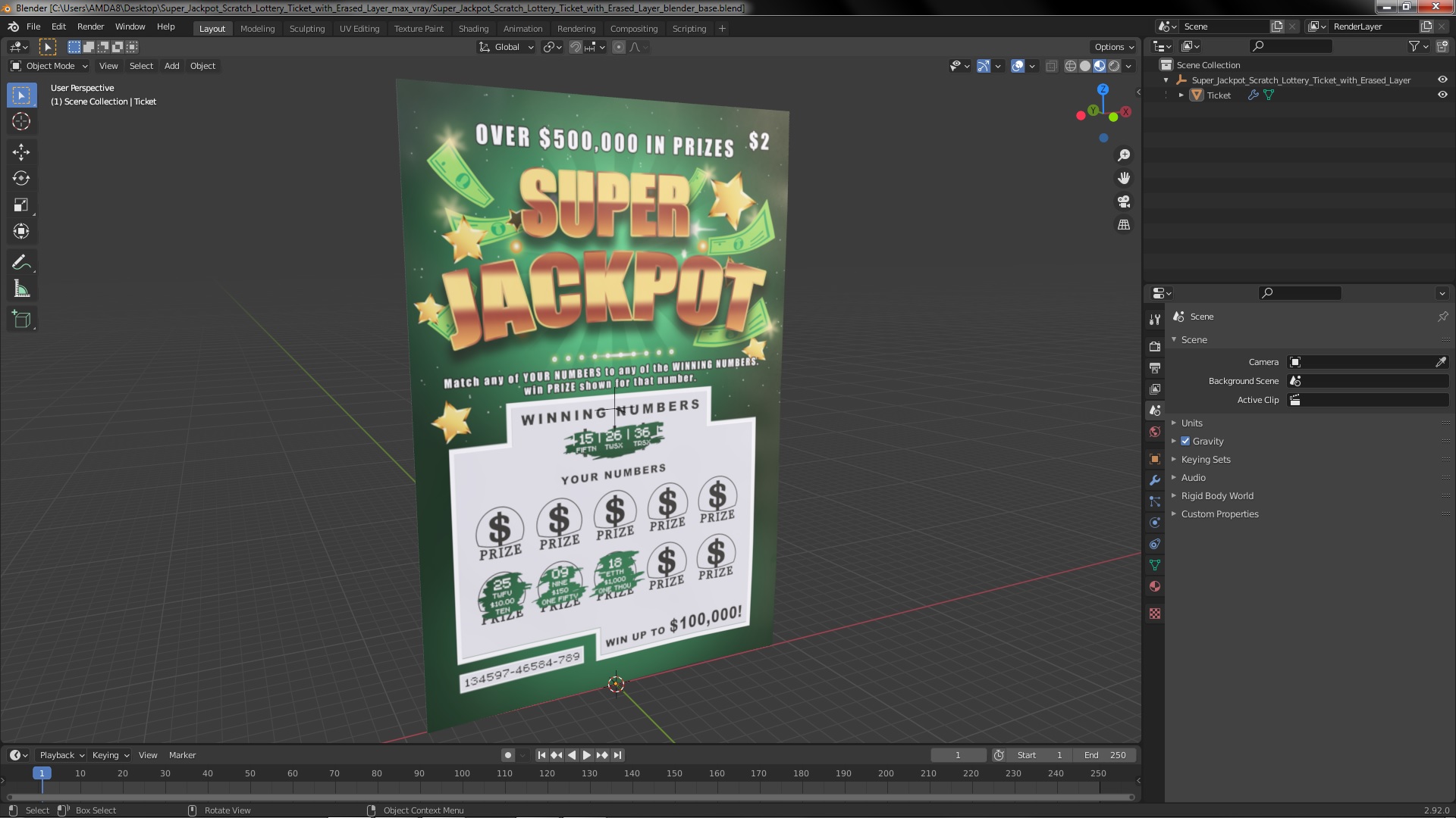 Super Jackpot Scratch Lottery Ticket with Erased Layer 3D model