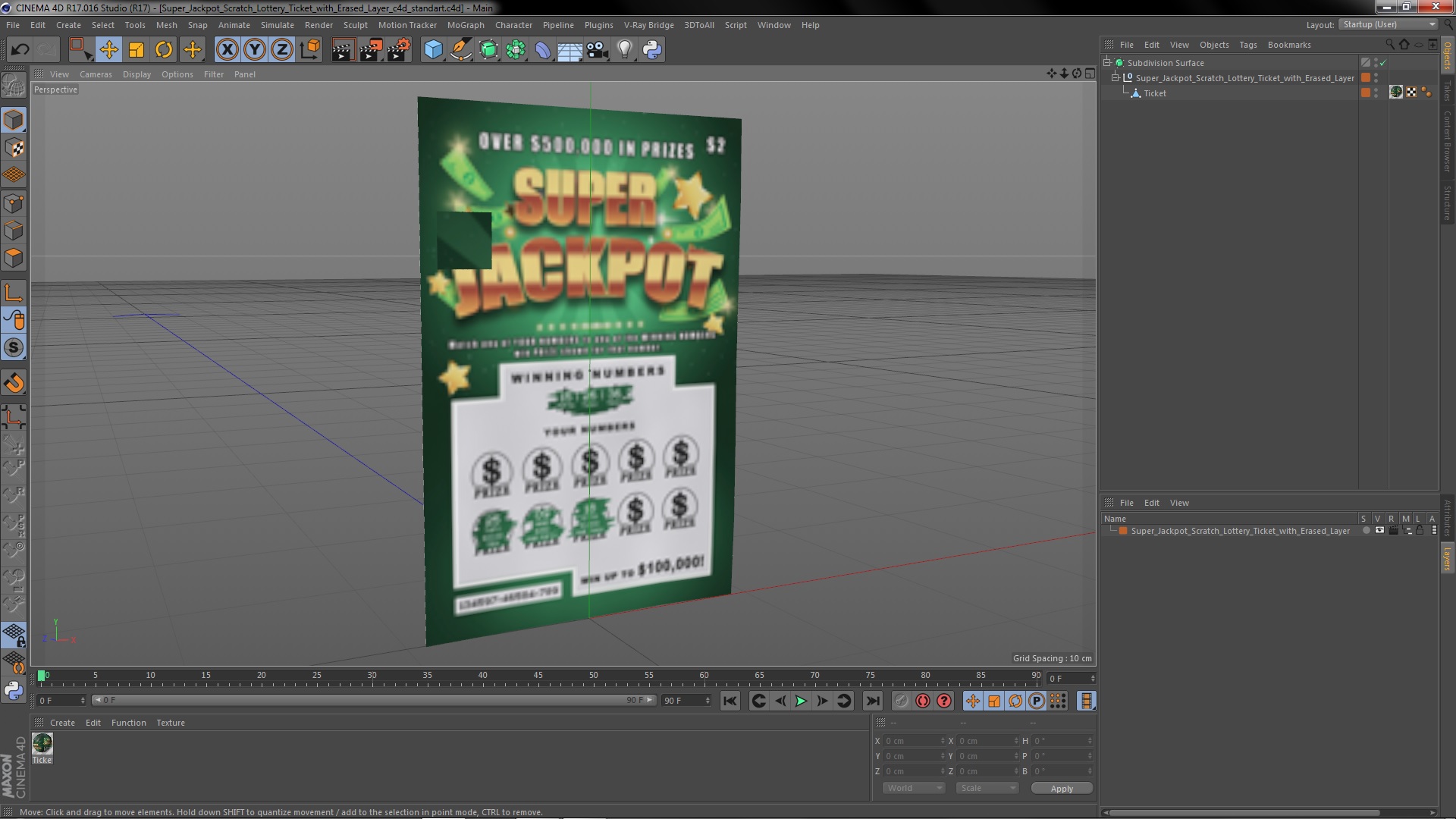 Super Jackpot Scratch Lottery Ticket with Erased Layer 3D model