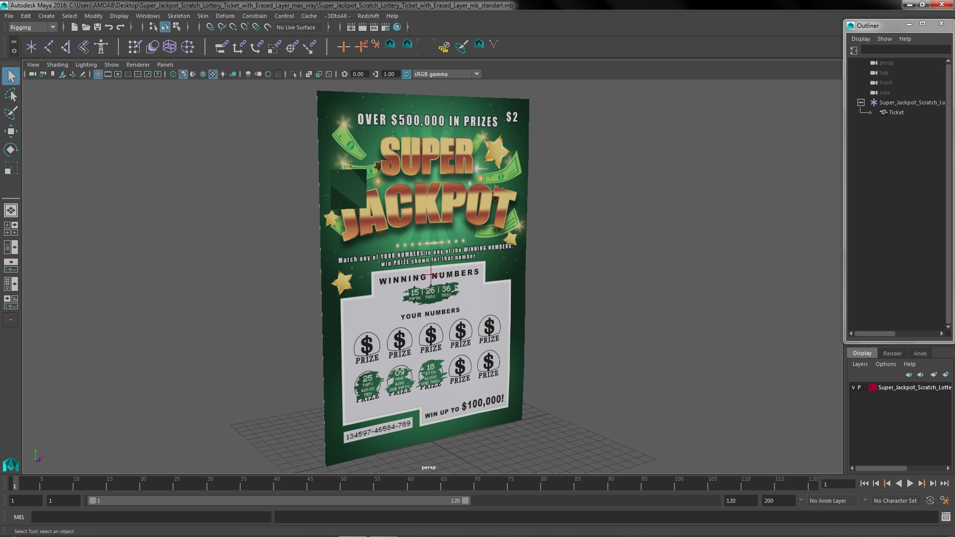 Super Jackpot Scratch Lottery Ticket with Erased Layer 3D model