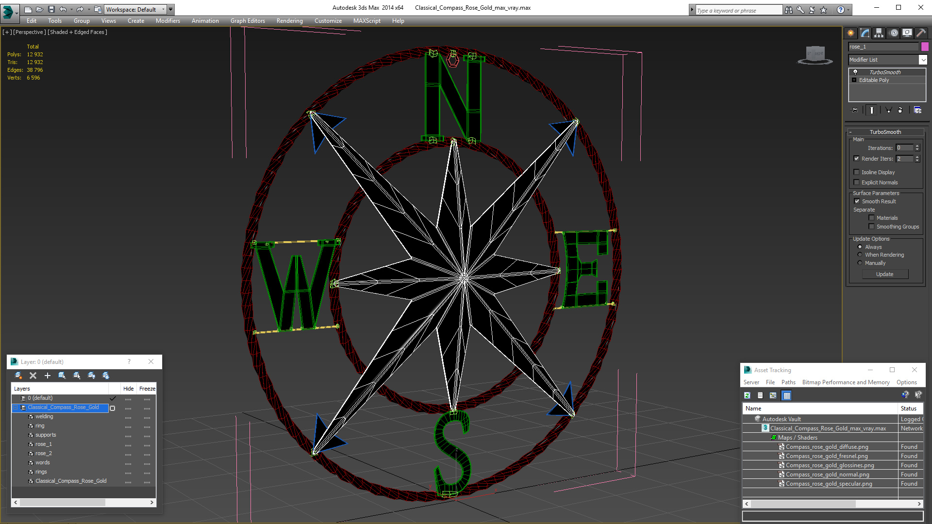 Classical Compass Rose Gold 3D