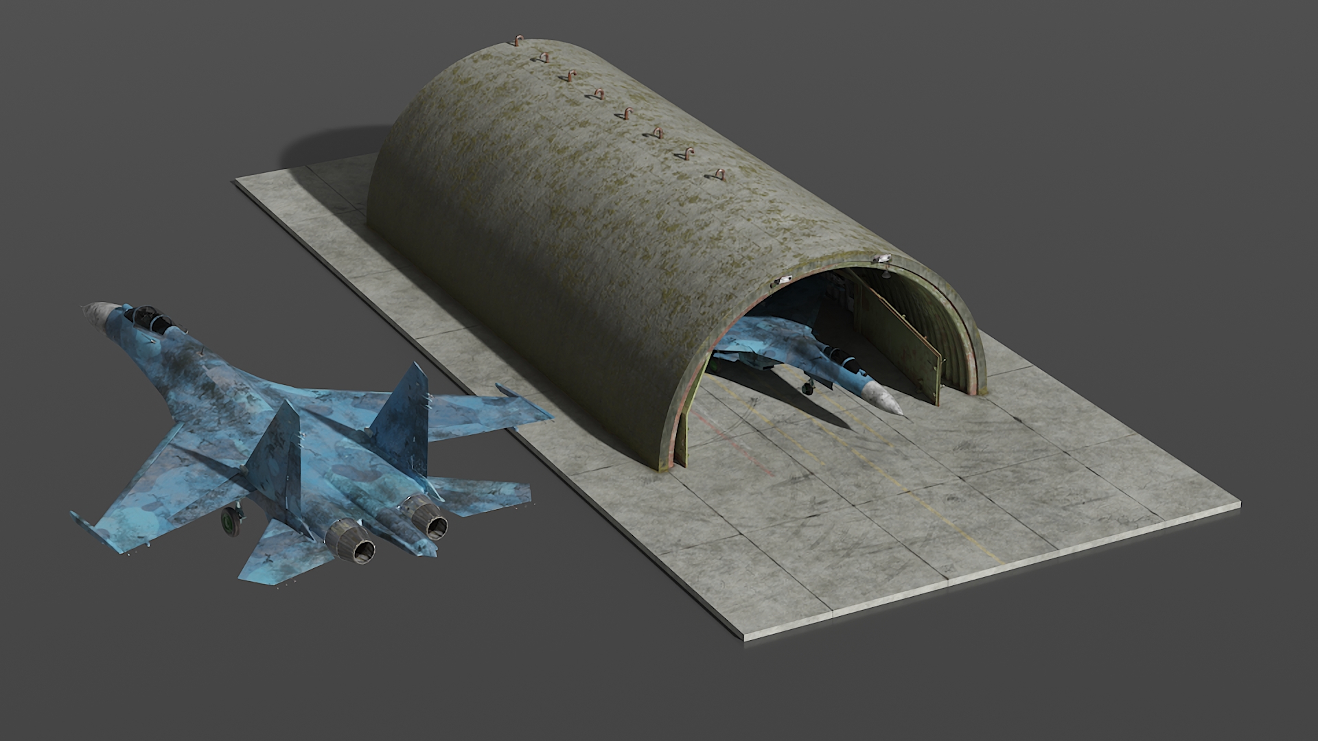 Abandoned Hardened Shelter Aircraft with Fighter Jet 3D