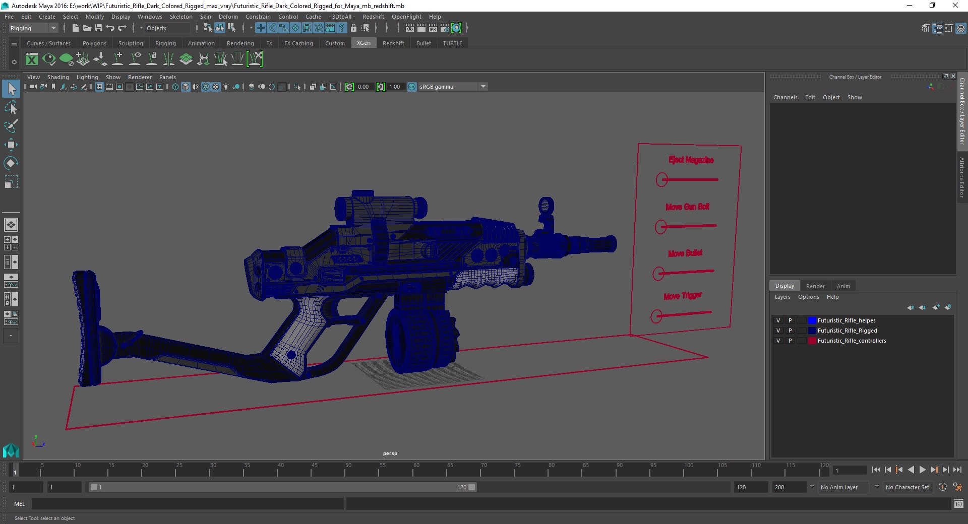 3D model Futuristic Rifle Dark Colored Rigged for Maya
