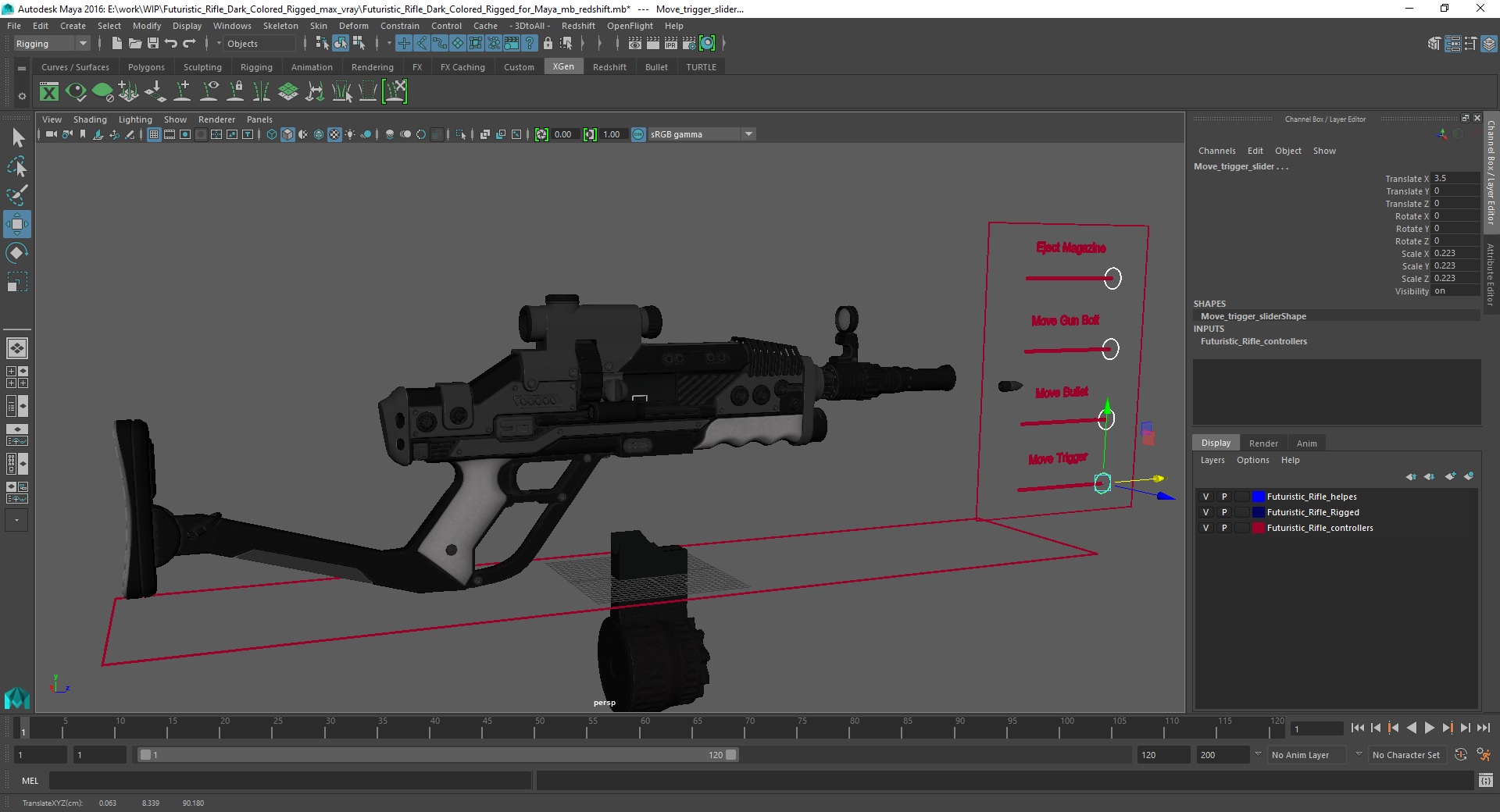 3D model Futuristic Rifle Dark Colored Rigged for Maya