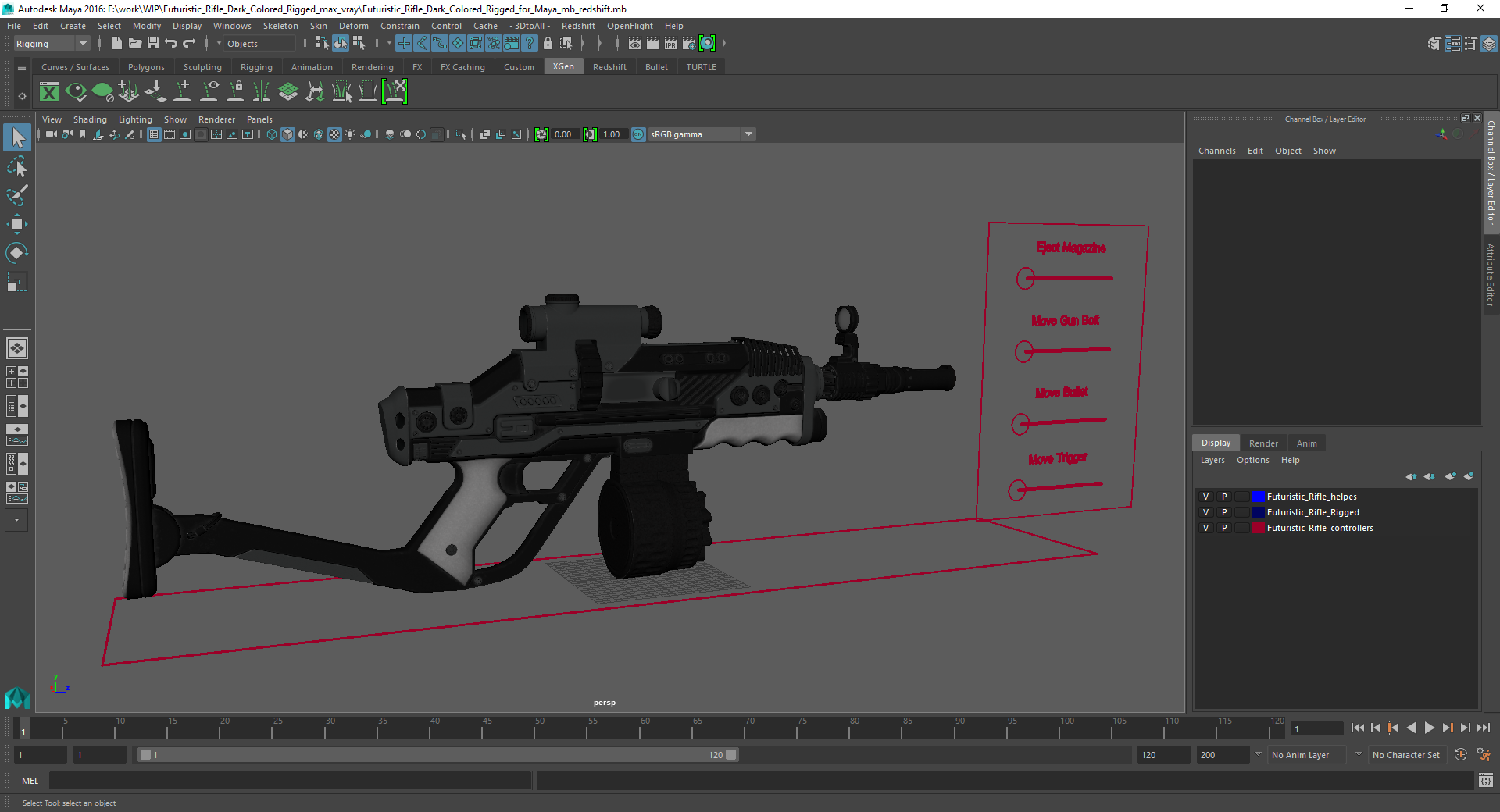 3D model Futuristic Rifle Dark Colored Rigged for Maya