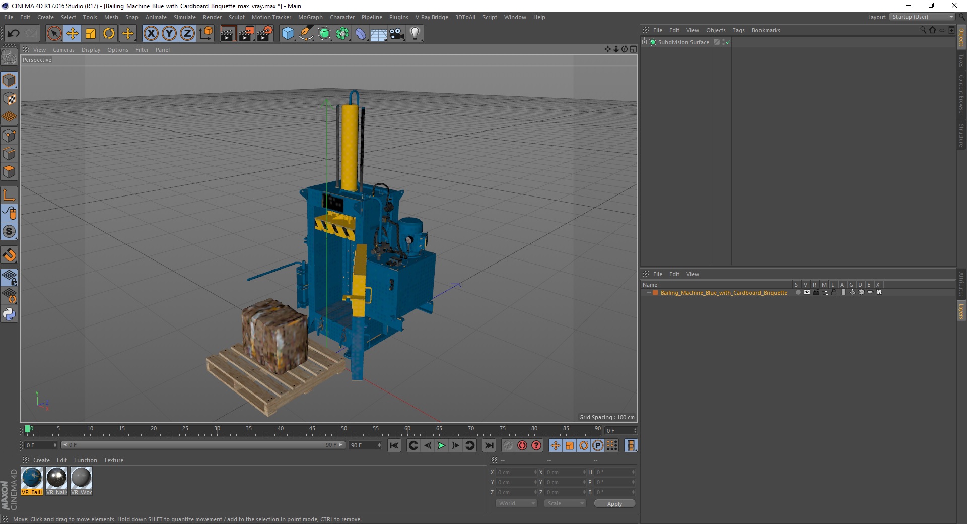 3D model Bailing Machine Blue with Cardboard Briquette