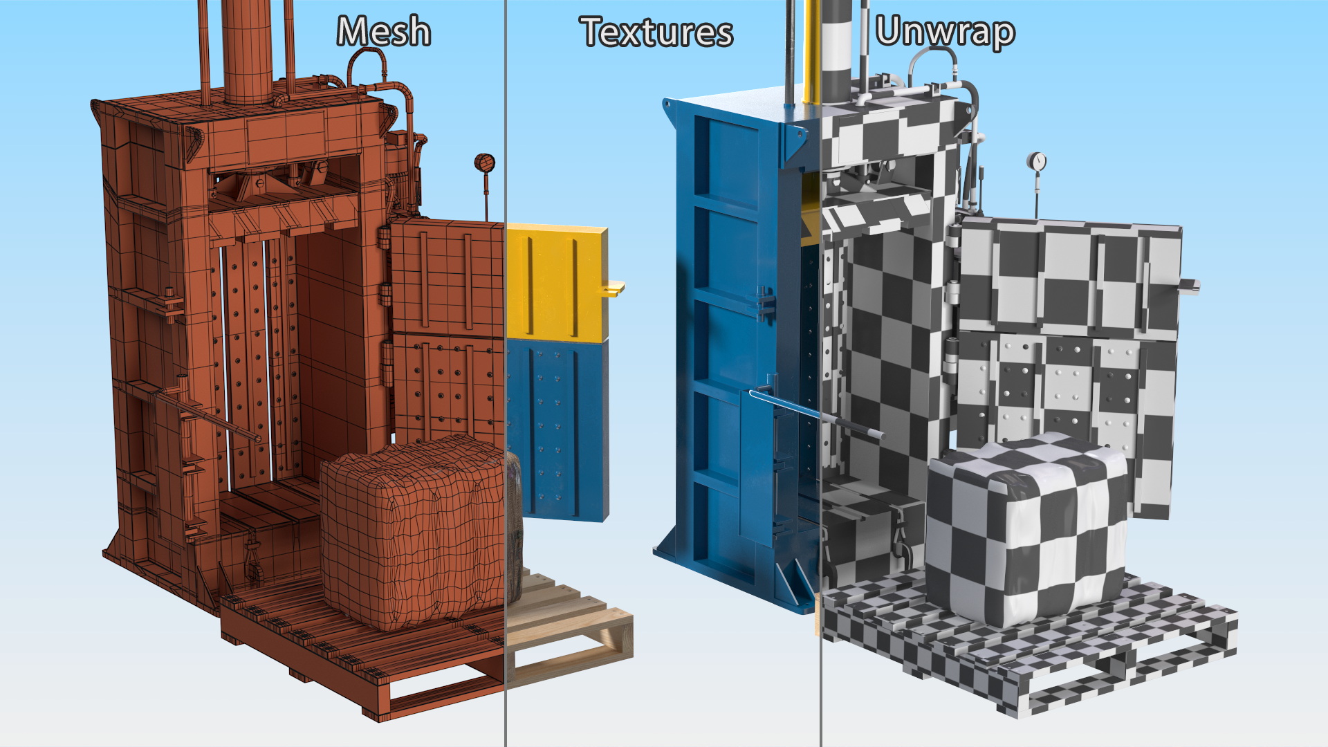 3D model Bailing Machine Blue with Cardboard Briquette