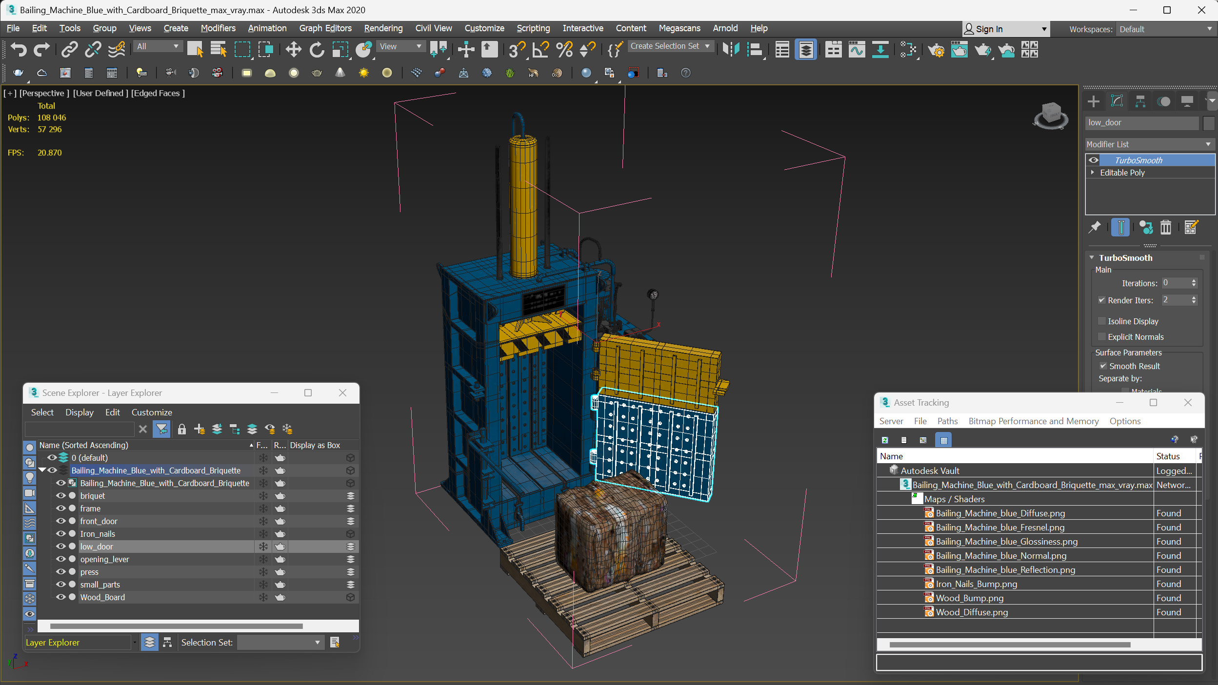 3D model Bailing Machine Blue with Cardboard Briquette