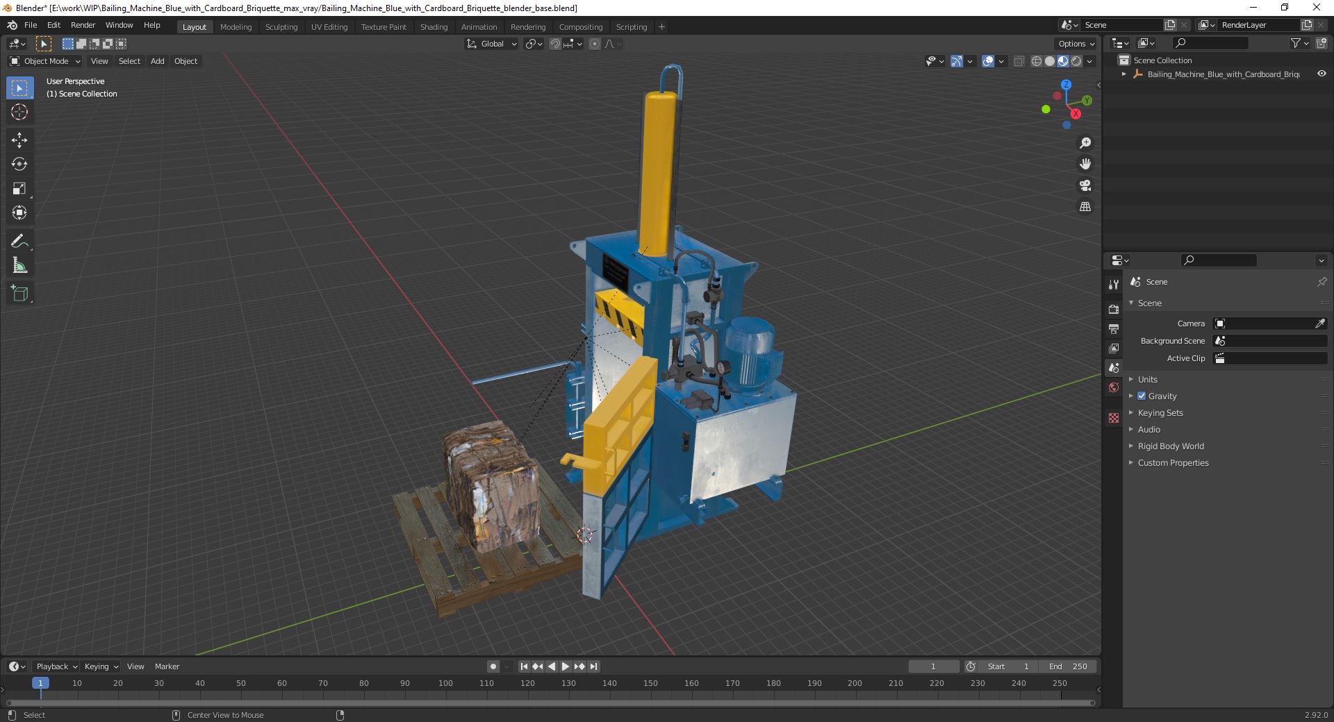 3D model Bailing Machine Blue with Cardboard Briquette