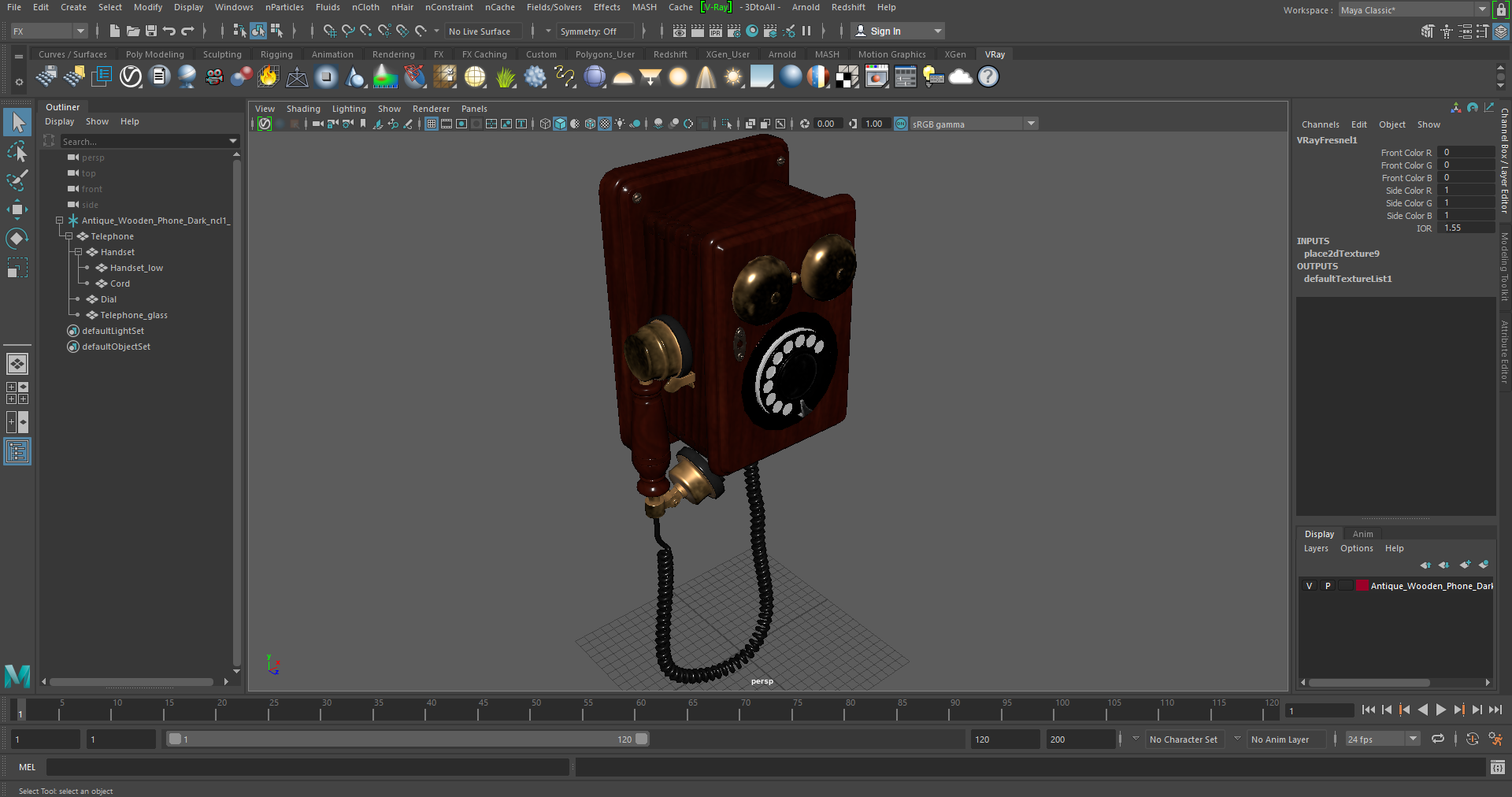 3D model Antique Wooden Phone Dark