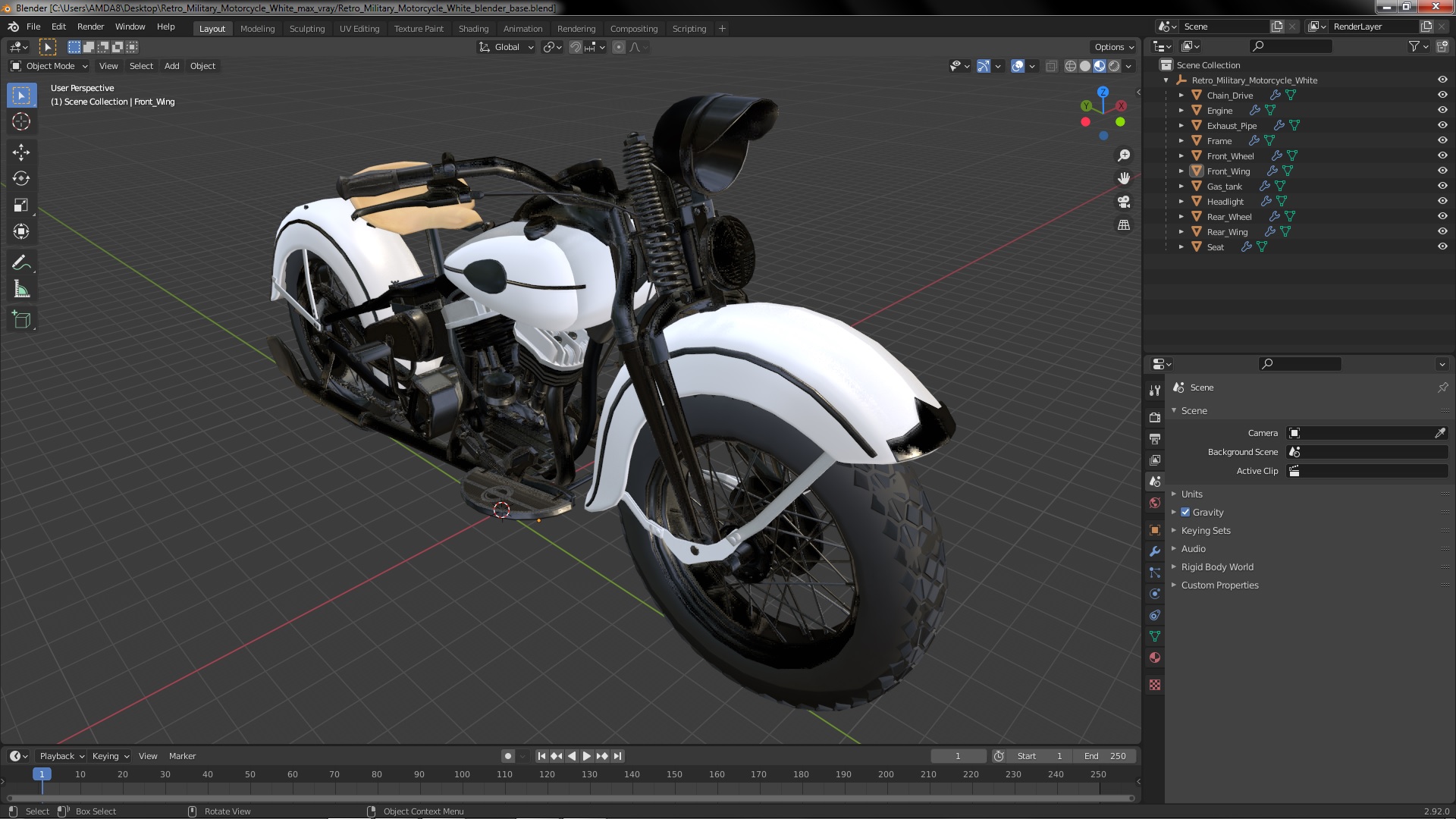 3D Retro Military Motorcycle White