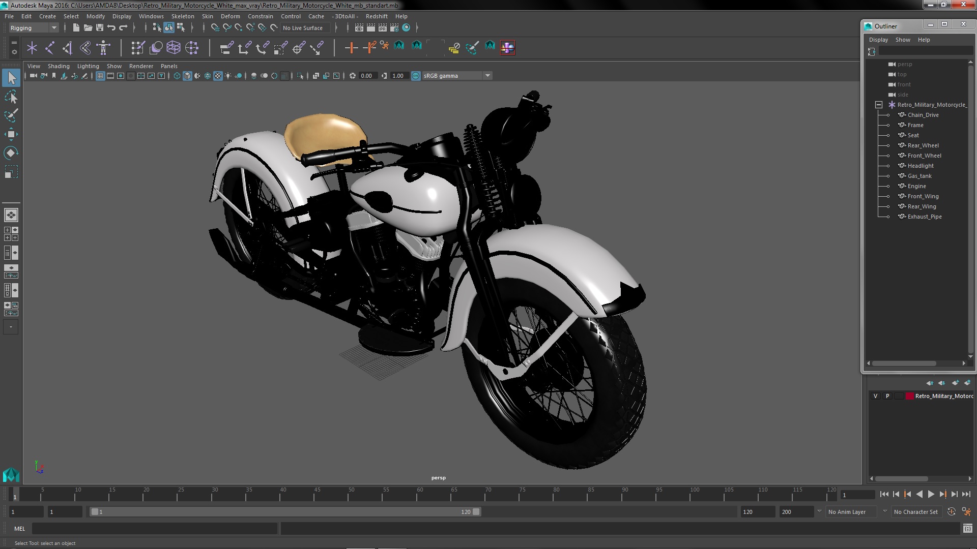 3D Retro Military Motorcycle White