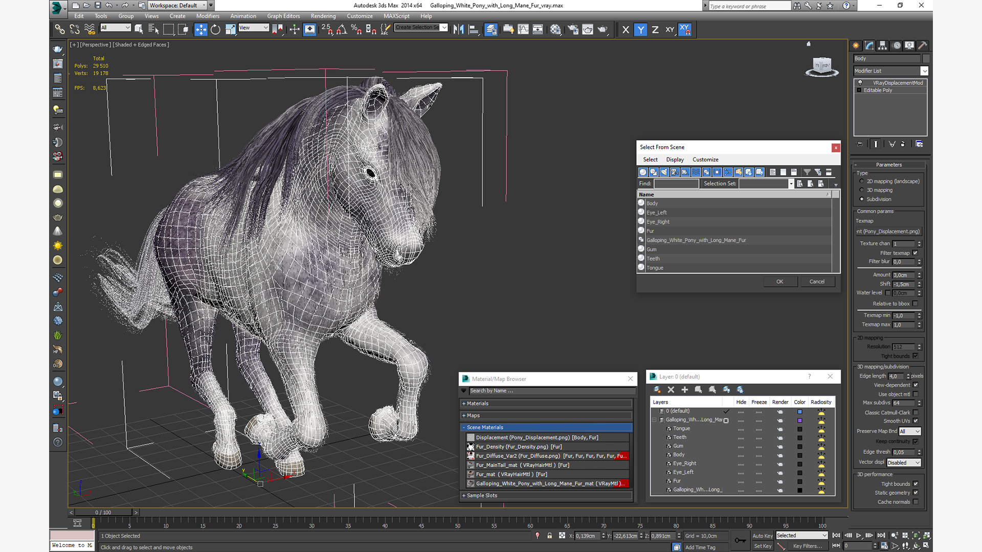 Galloping White Pony with Long Mane Fur 3D model