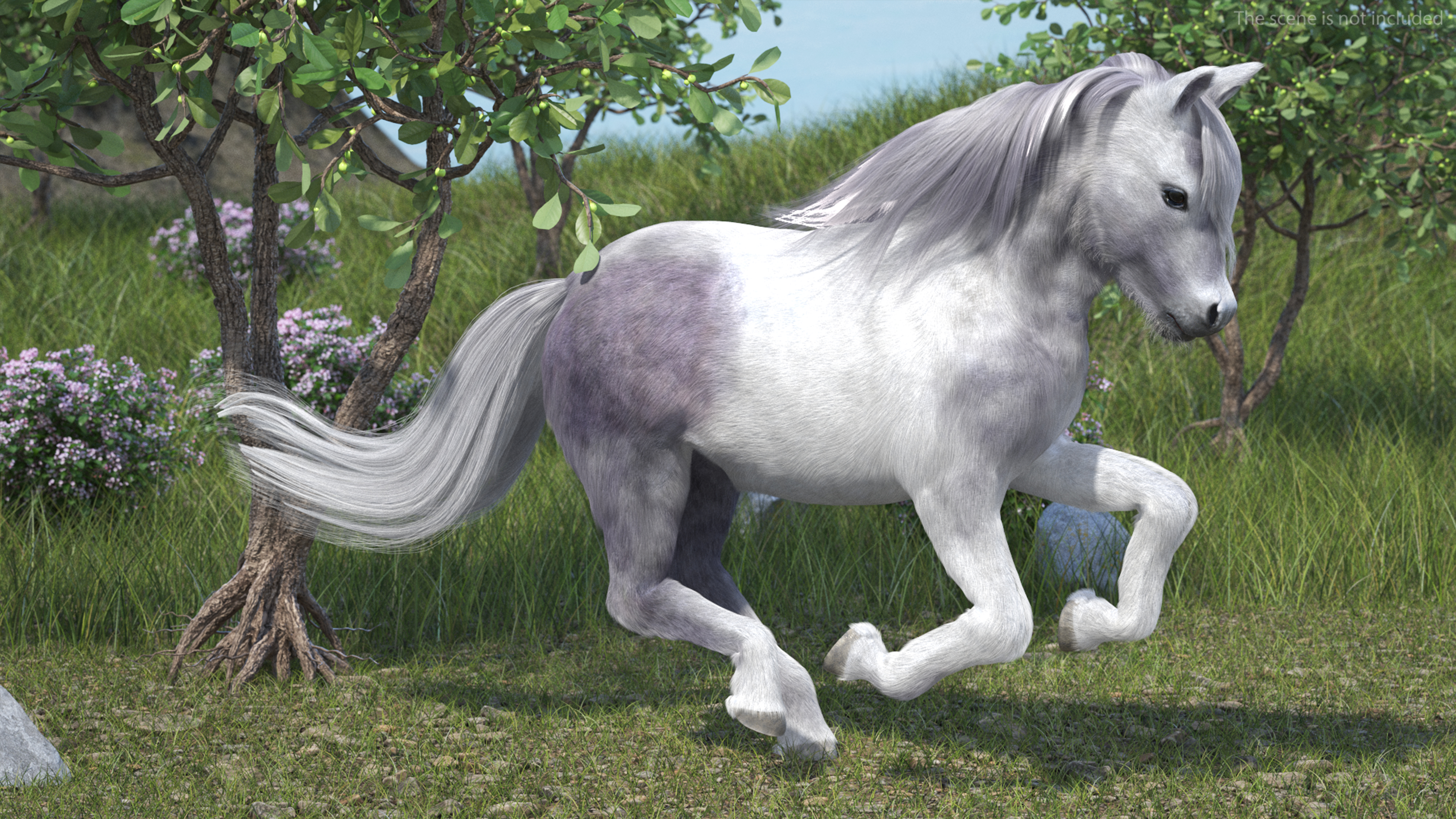 Galloping White Pony with Long Mane Fur 3D model