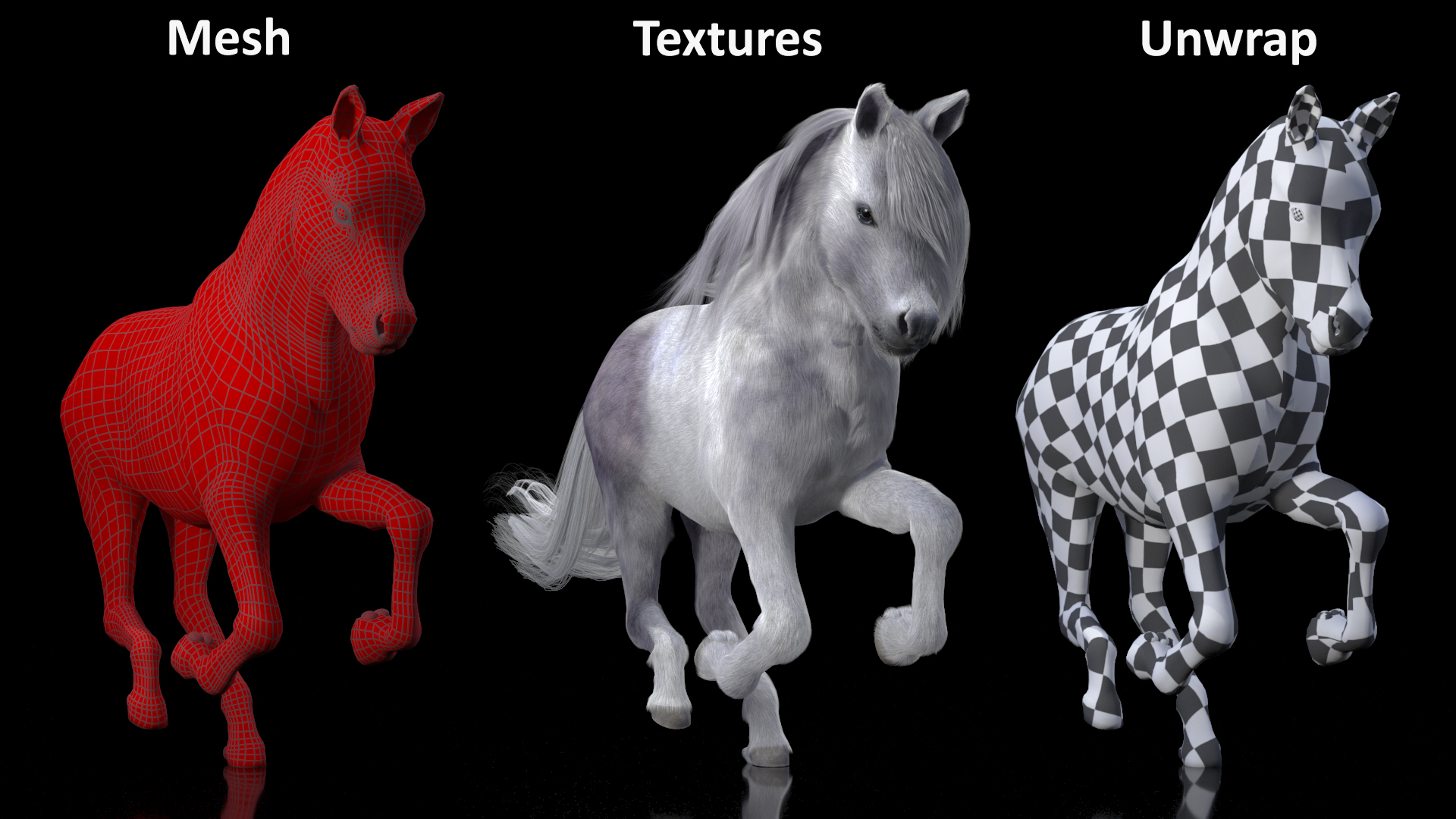 Galloping White Pony with Long Mane Fur 3D model