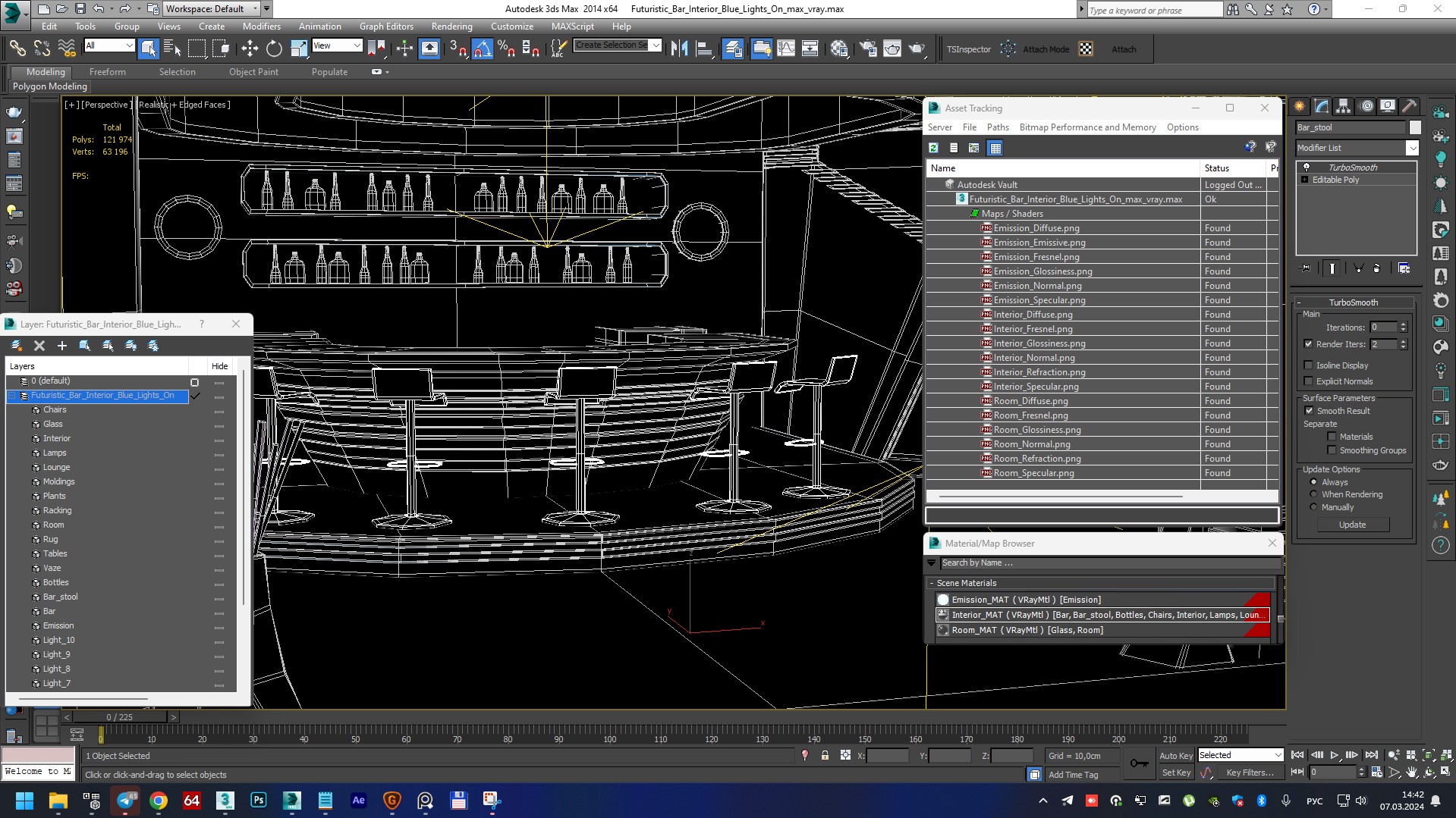 3D Futuristic Bar Interior Blue Lights On model