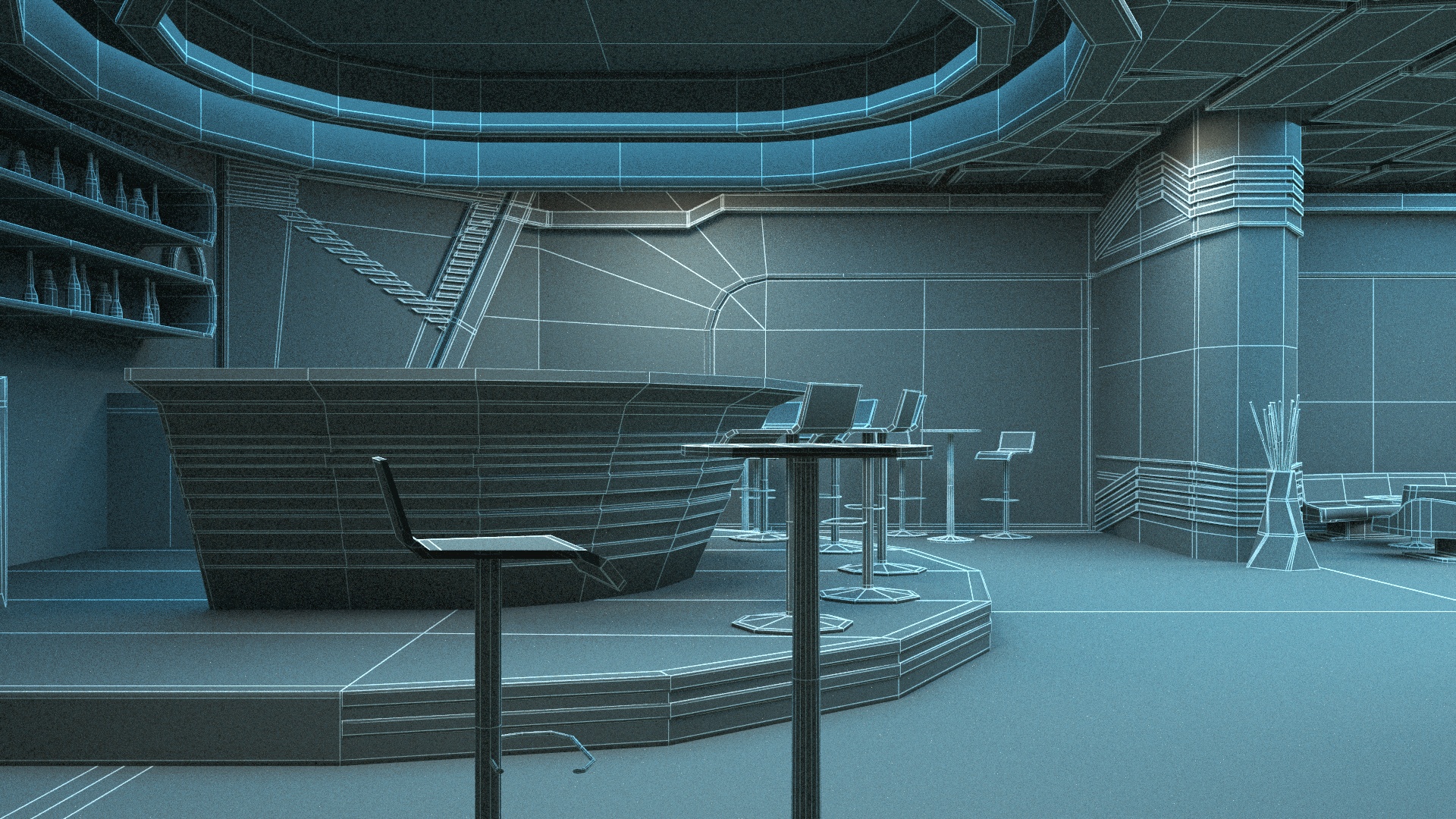 3D Futuristic Bar Interior Blue Lights On model
