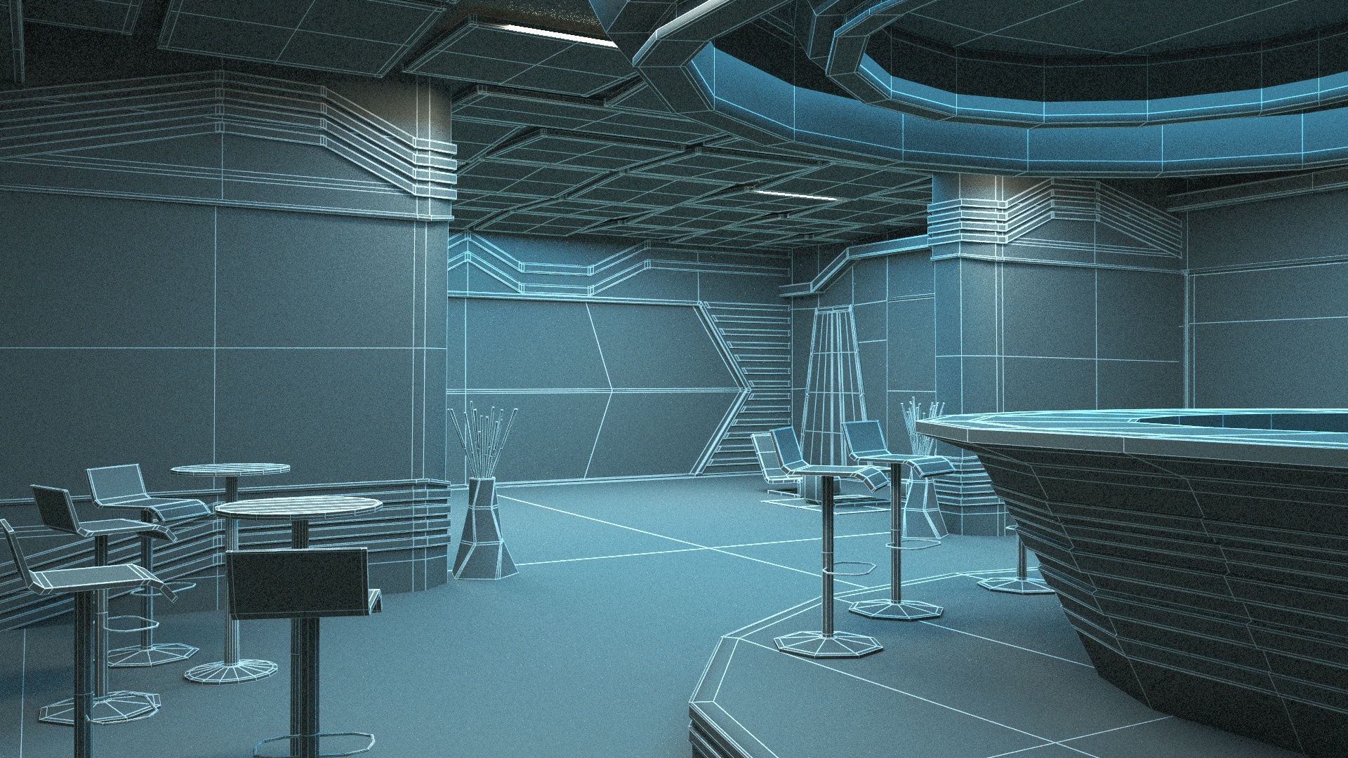 3D Futuristic Bar Interior Blue Lights On model