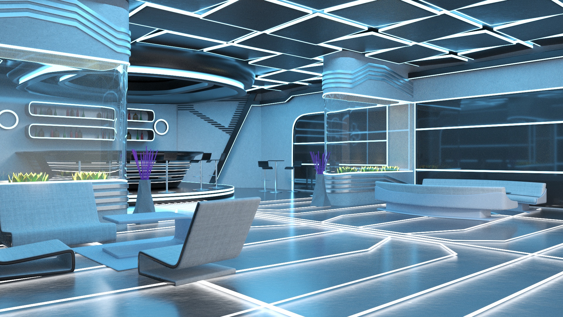 3D Futuristic Bar Interior Blue Lights On model