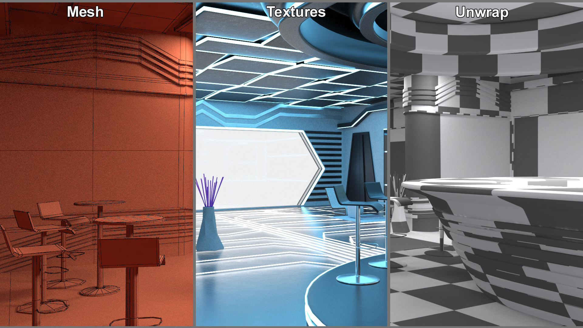 3D Futuristic Bar Interior Blue Lights On model