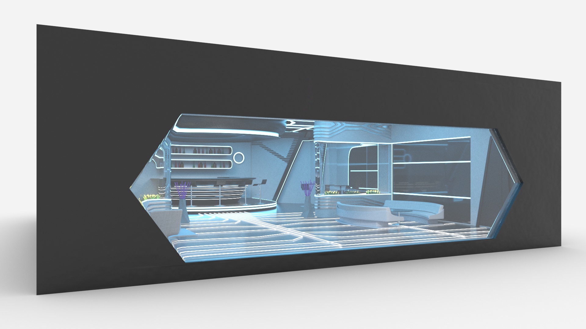 3D Futuristic Bar Interior Blue Lights On model