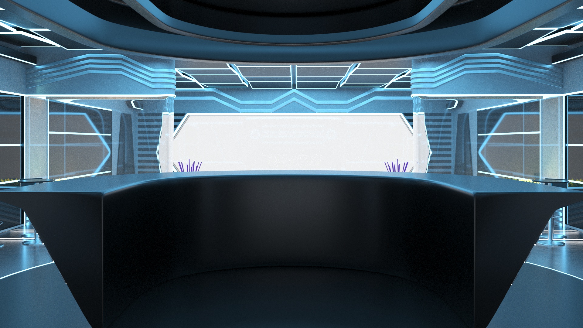 3D Futuristic Bar Interior Blue Lights On model