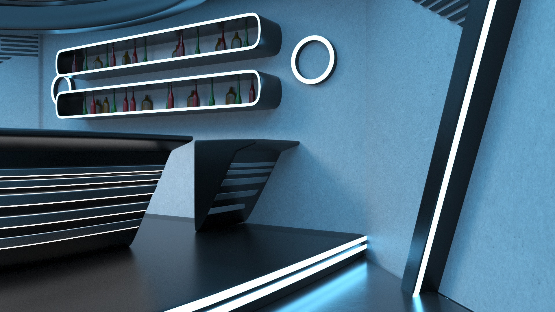 3D Futuristic Bar Interior Blue Lights On model