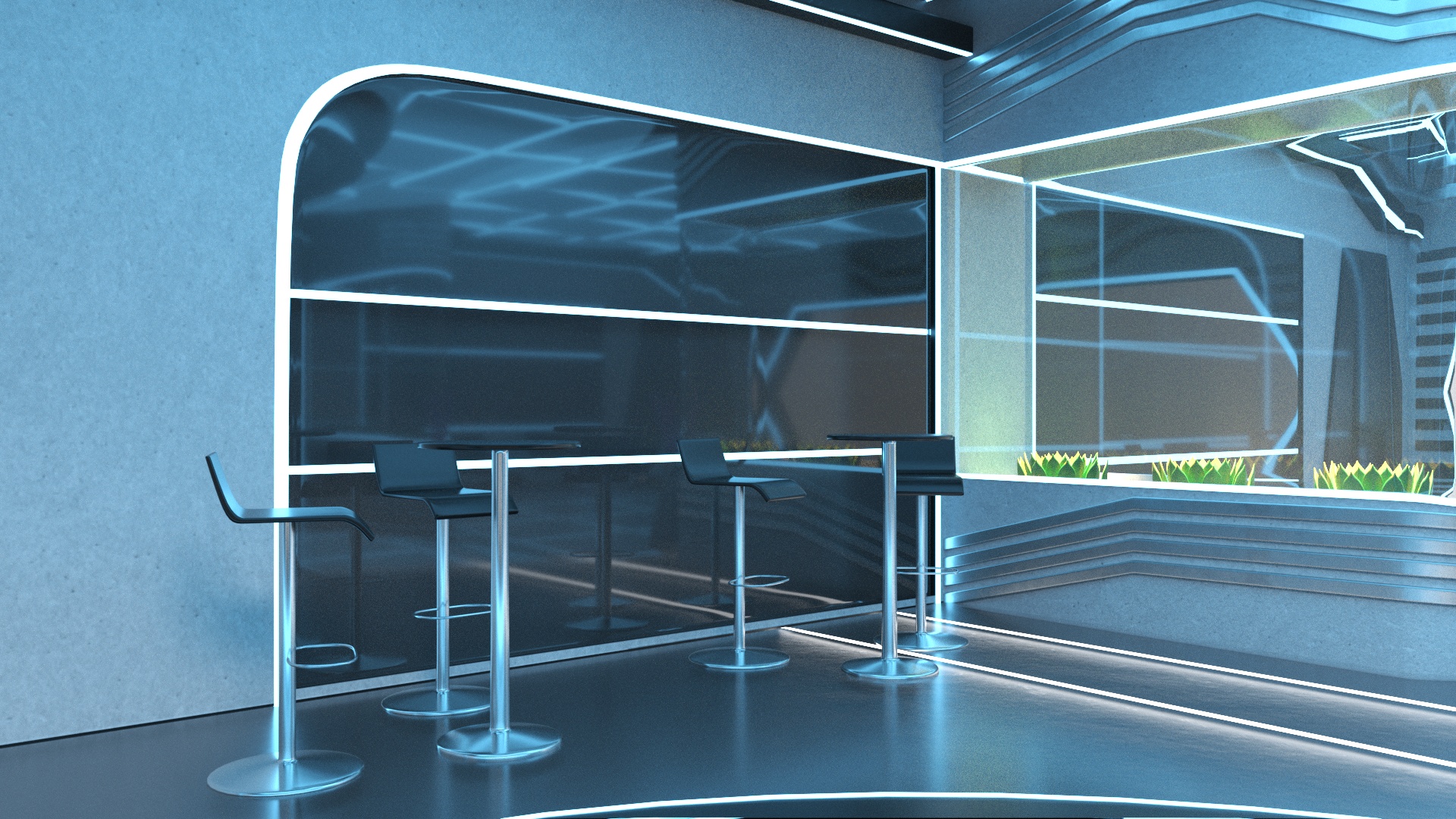 3D Futuristic Bar Interior Blue Lights On model