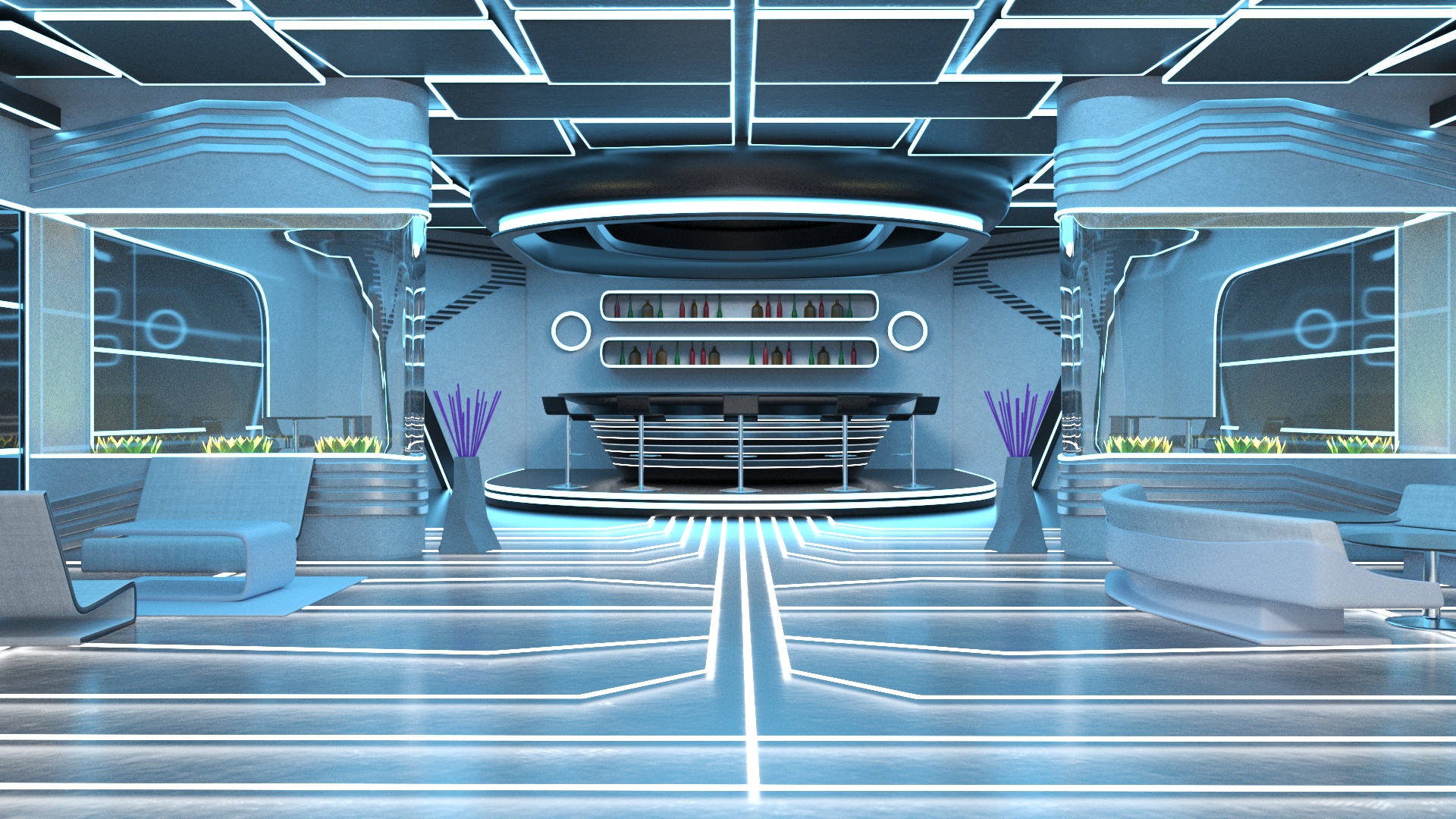 3D Futuristic Bar Interior Blue Lights On model