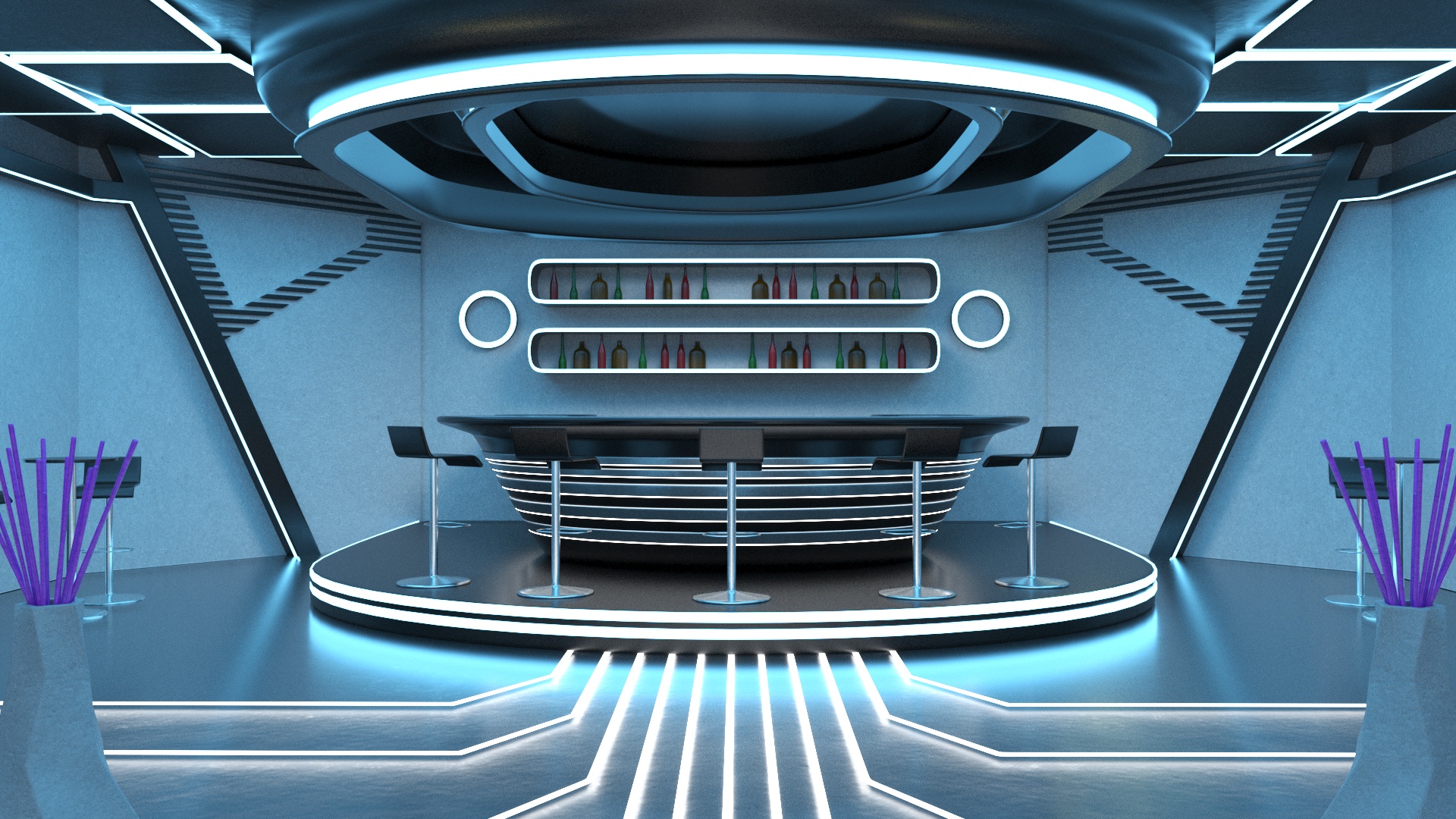 3D Futuristic Bar Interior Blue Lights On model