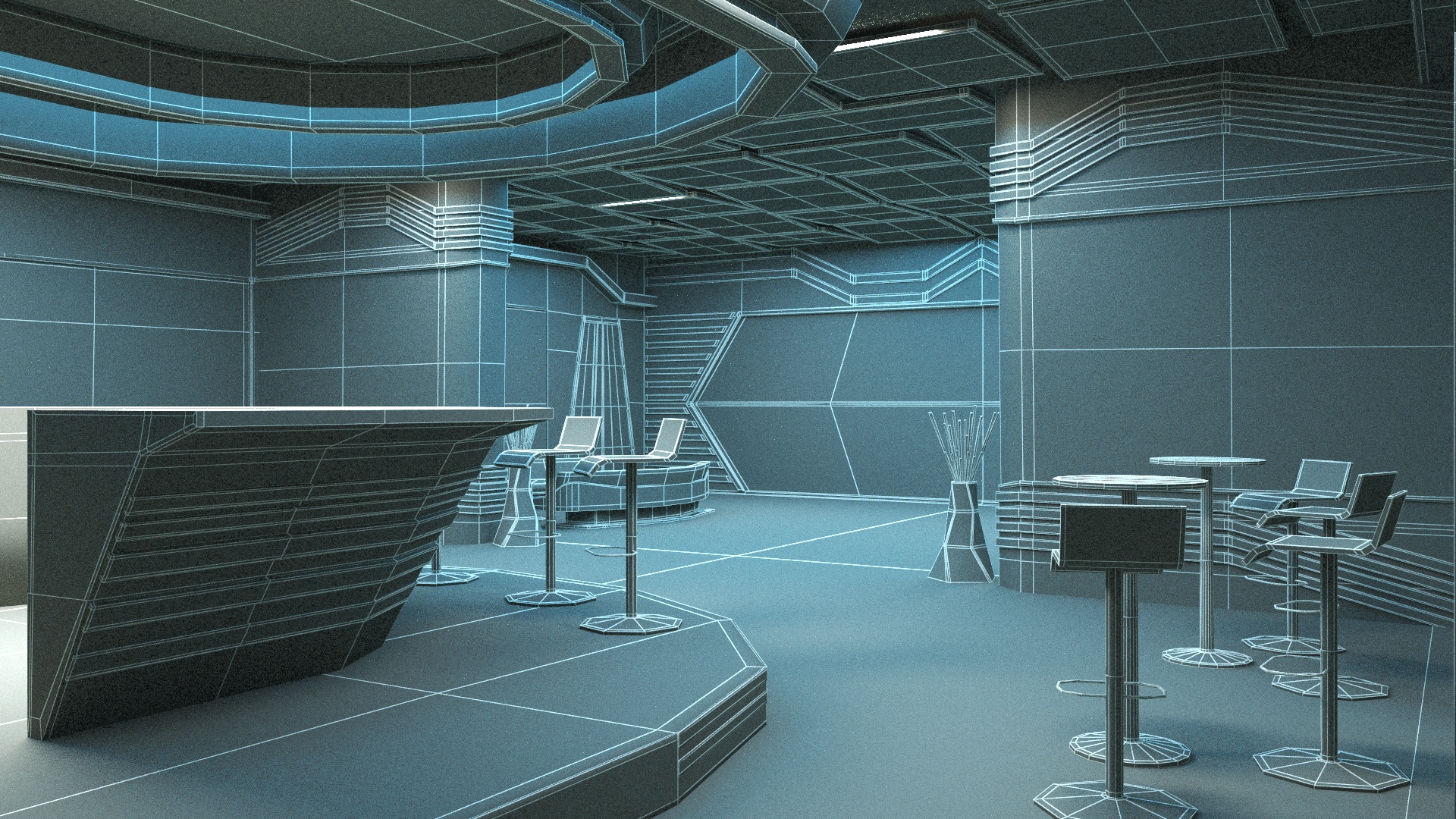 3D Futuristic Bar Interior Blue Lights On model