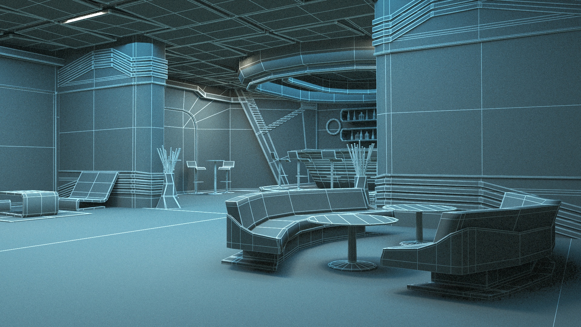 3D Futuristic Bar Interior Blue Lights On model
