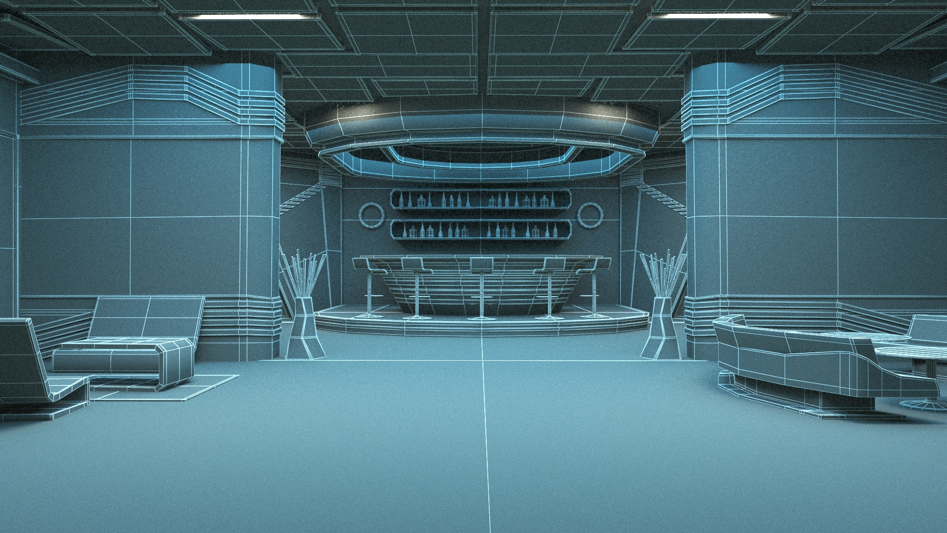 3D Futuristic Bar Interior Blue Lights On model