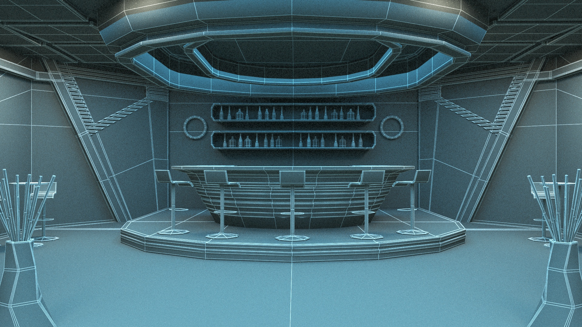 3D Futuristic Bar Interior Blue Lights On model
