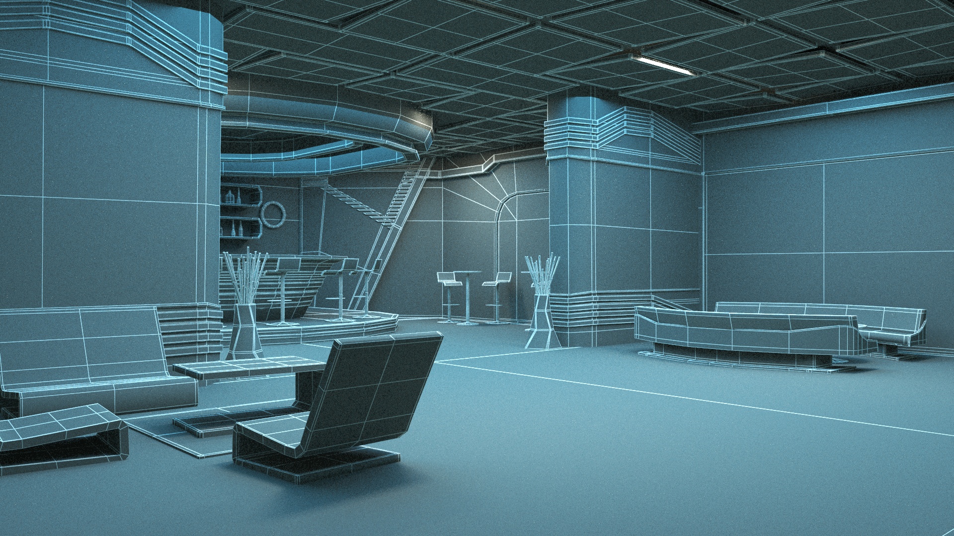 3D Futuristic Bar Interior Blue Lights On model