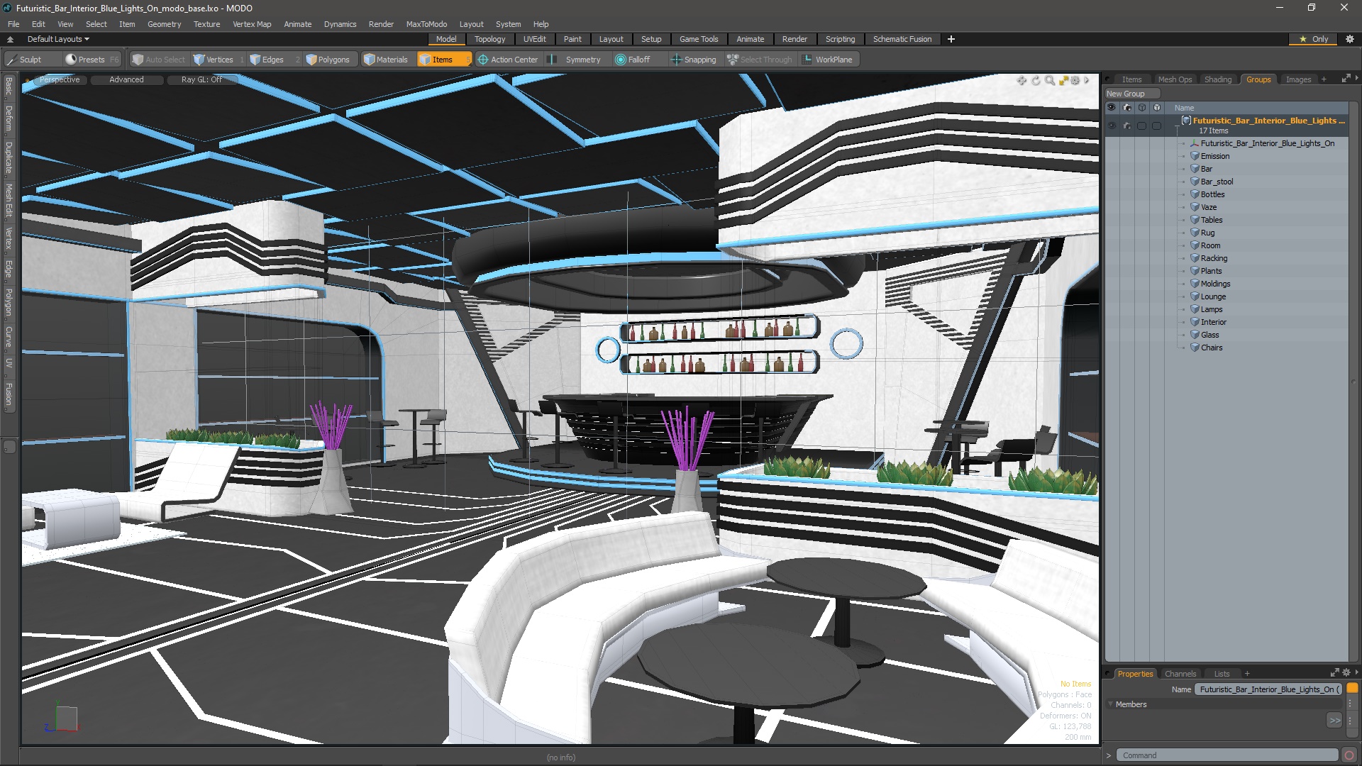 3D Futuristic Bar Interior Blue Lights On model