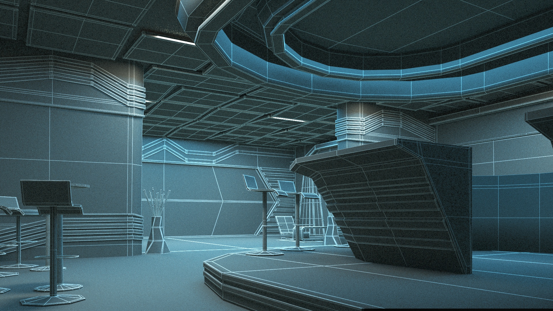 3D Futuristic Bar Interior Blue Lights On model