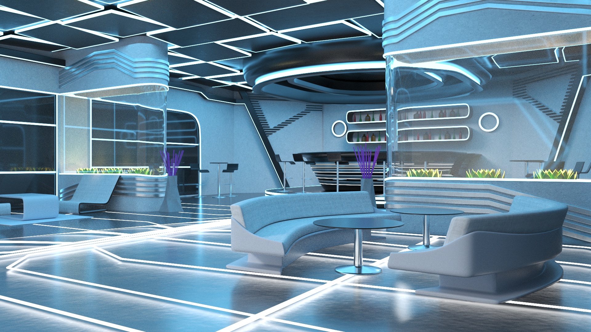 3D Futuristic Bar Interior Blue Lights On model