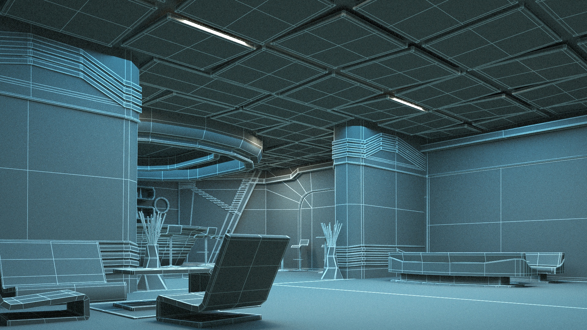 3D Futuristic Bar Interior Blue Lights On model