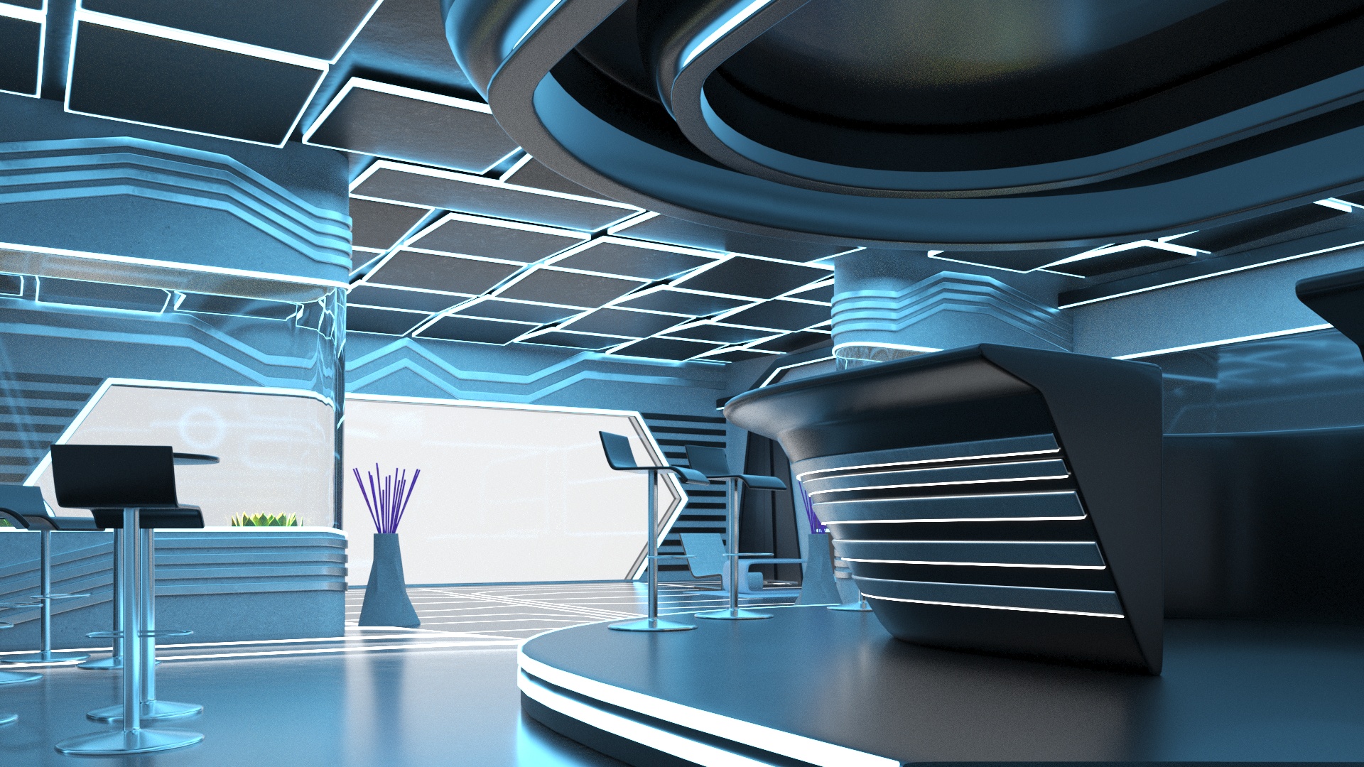 3D Futuristic Bar Interior Blue Lights On model