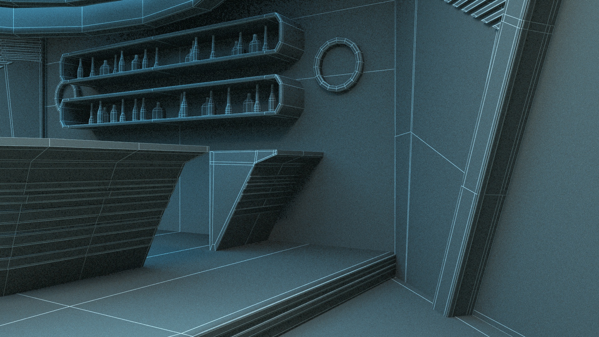 3D Futuristic Bar Interior Blue Lights On model