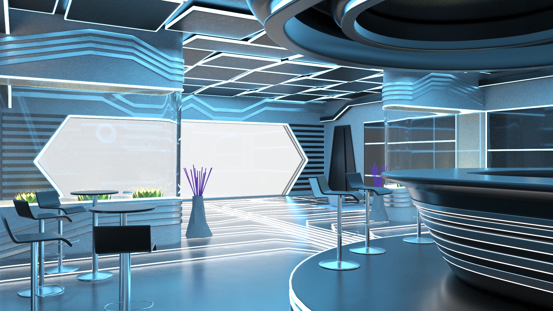 3D Futuristic Bar Interior Blue Lights On model