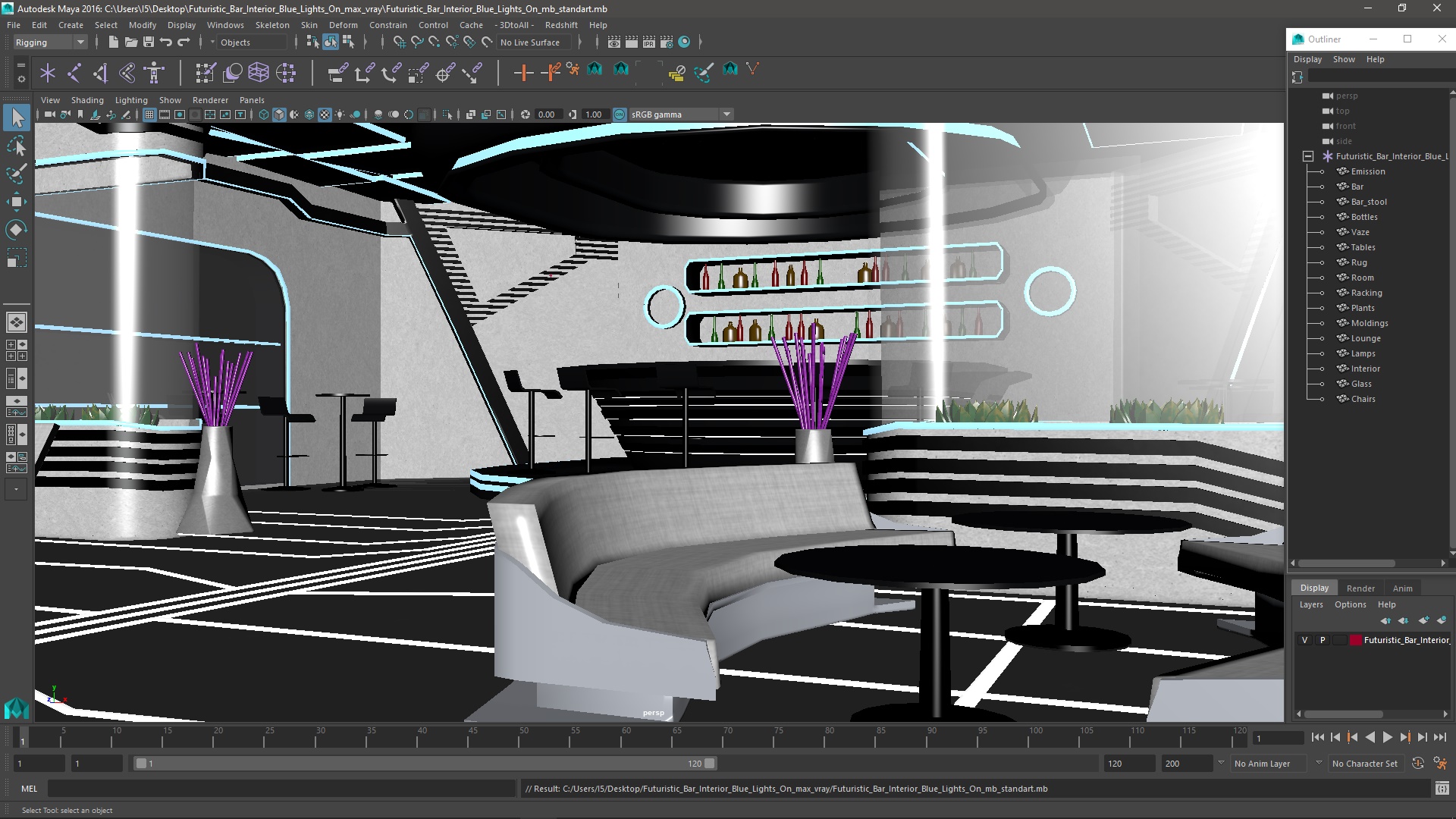 3D Futuristic Bar Interior Blue Lights On model