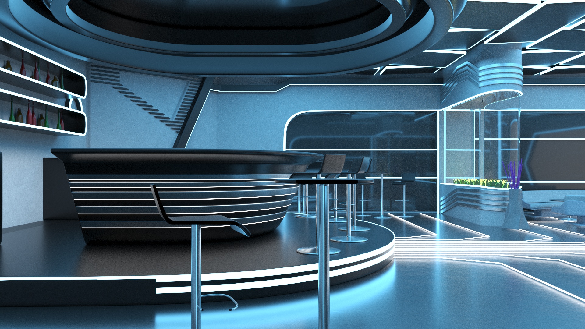 3D Futuristic Bar Interior Blue Lights On model
