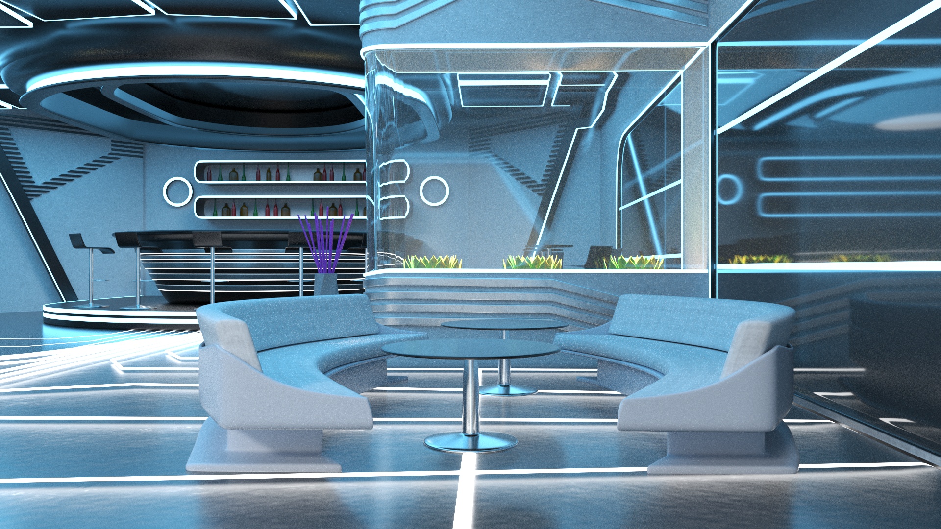3D Futuristic Bar Interior Blue Lights On model