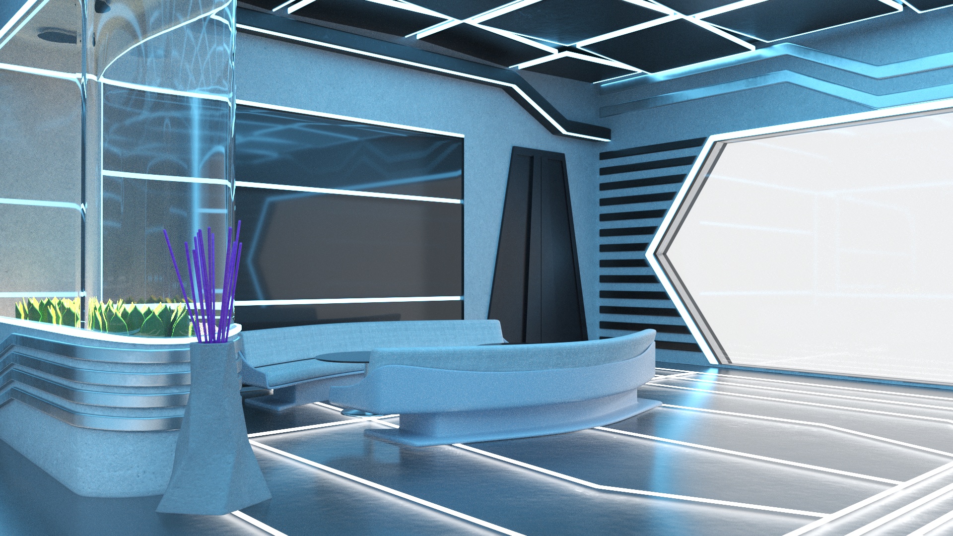 3D Futuristic Bar Interior Blue Lights On model