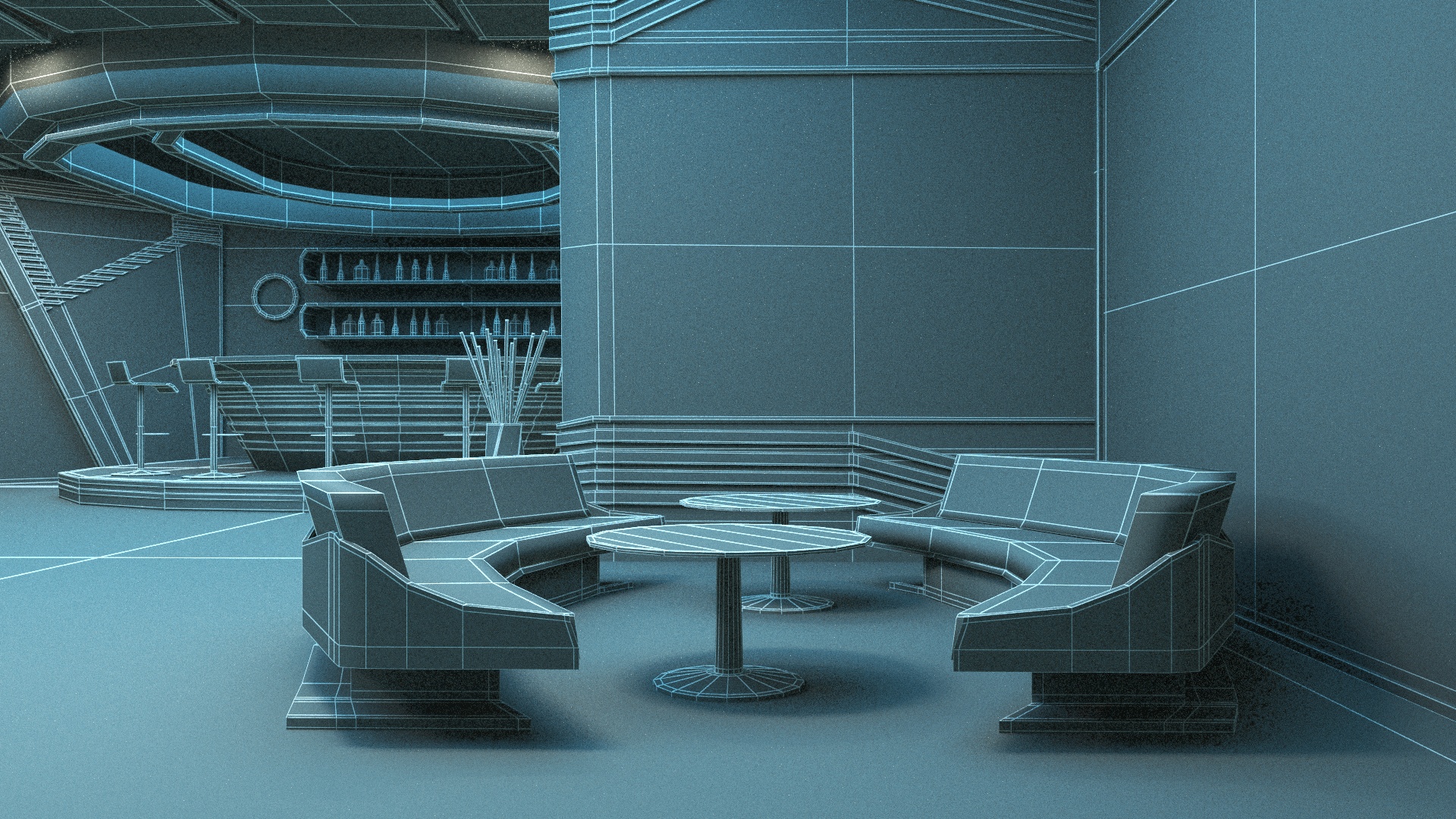 3D Futuristic Bar Interior Blue Lights On model