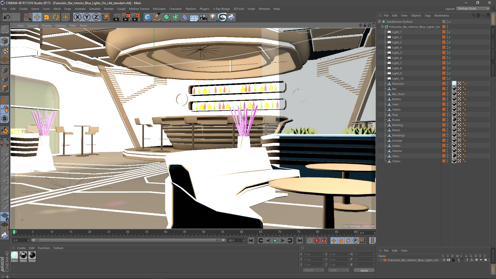 3D Futuristic Bar Interior Blue Lights On model