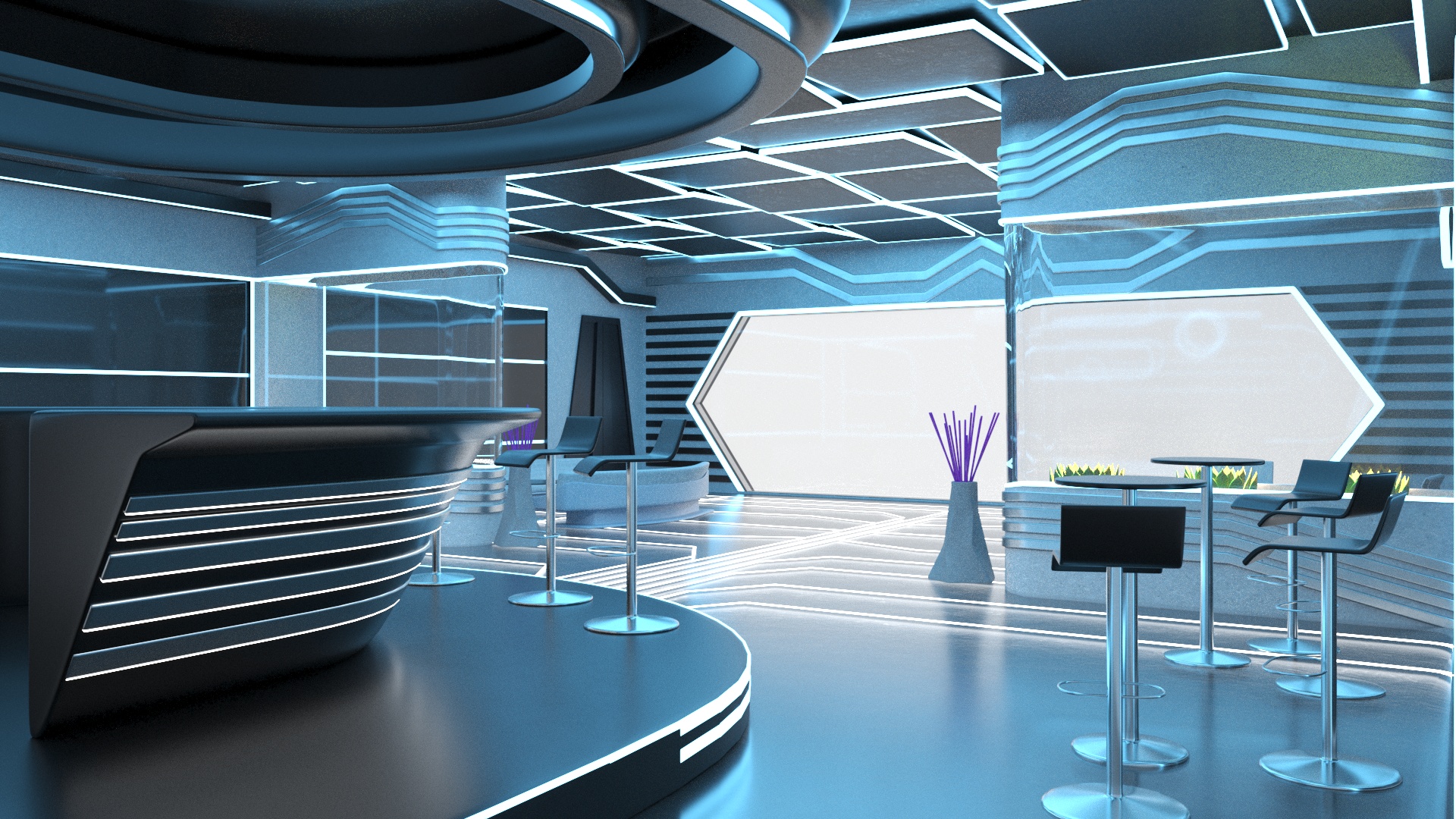 3D Futuristic Bar Interior Blue Lights On model